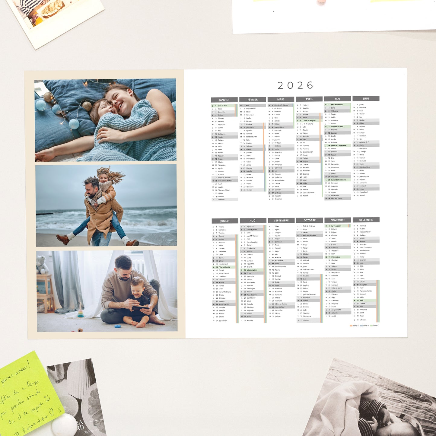 Calendrier Fin d'année Magnétique, monopage paysage L'année en trio - beige photo N° 1