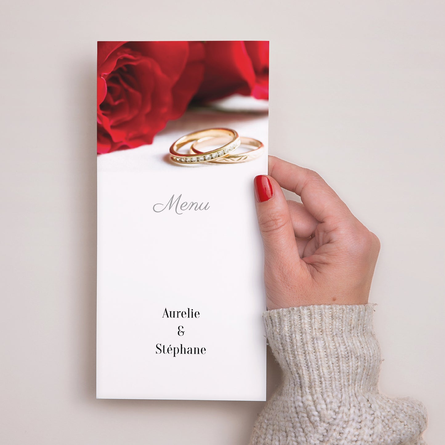 Menu Mariage Panoramique portrait Roses rouges et alliances photo N° 2