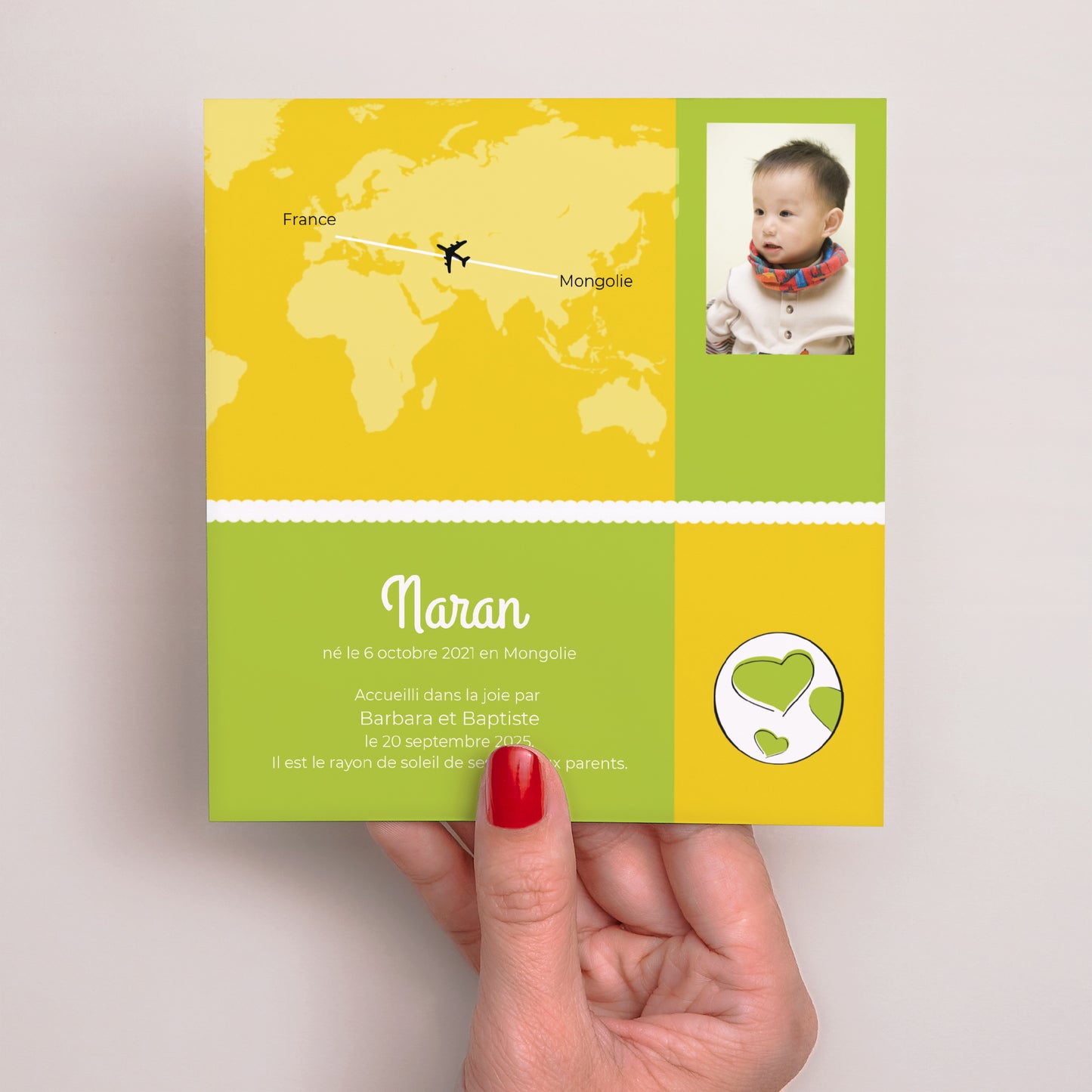 Faire-part Naissance Carré Autour du Monde - Jaune et Vert photo N° 2