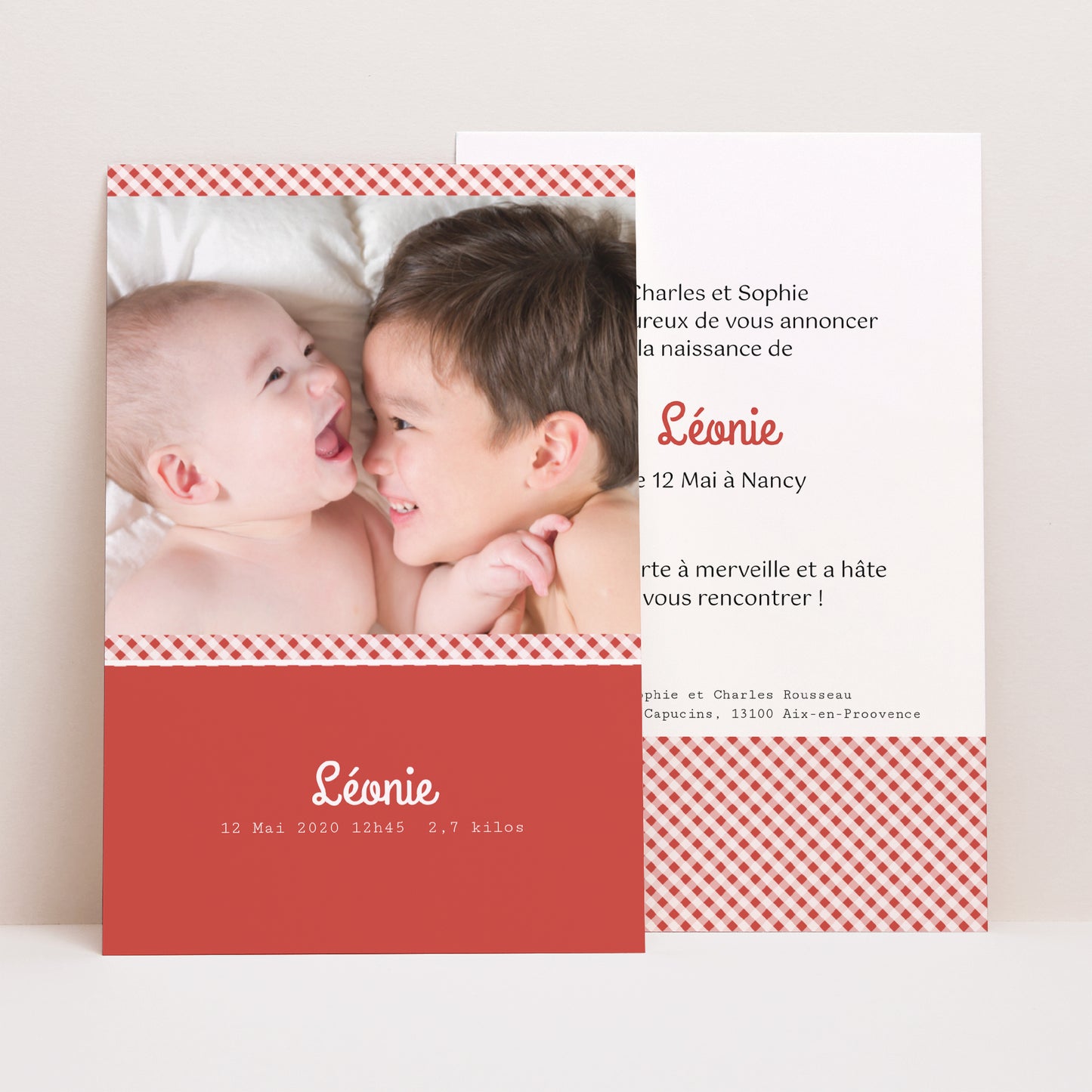 Faire-part Naissance Portrait Vichy - Rouge et Blanc photo N° 1