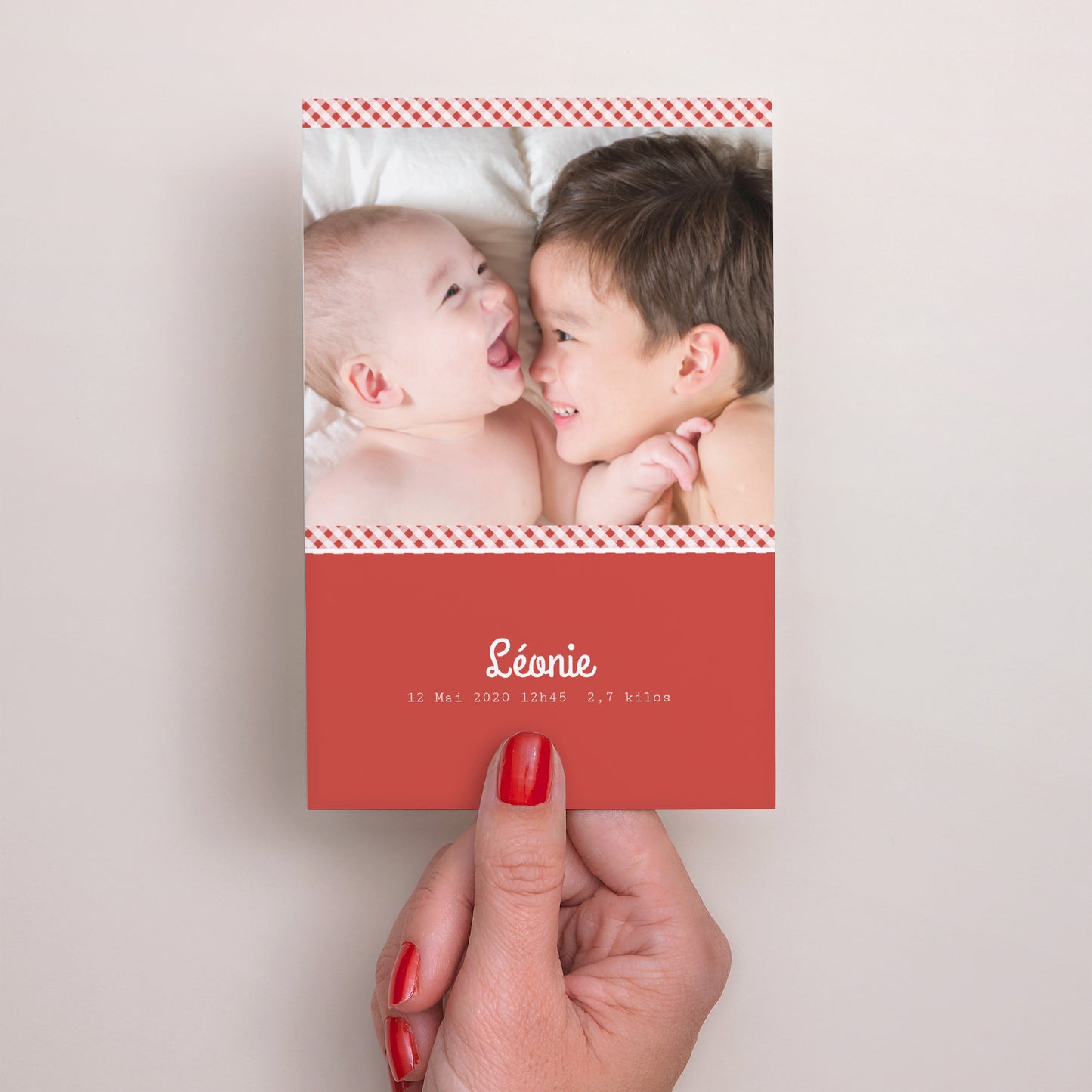 Faire-part Naissance Portrait Vichy - Rouge et Blanc photo N° 2
