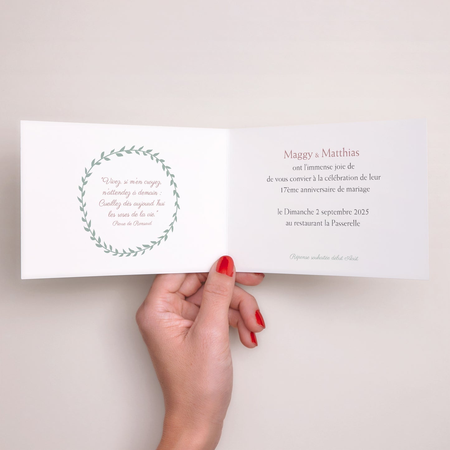 Invitations Anniversaire de mariage Double volet paysage Noces de Rose - 17 ans de Mariage photo N° 2