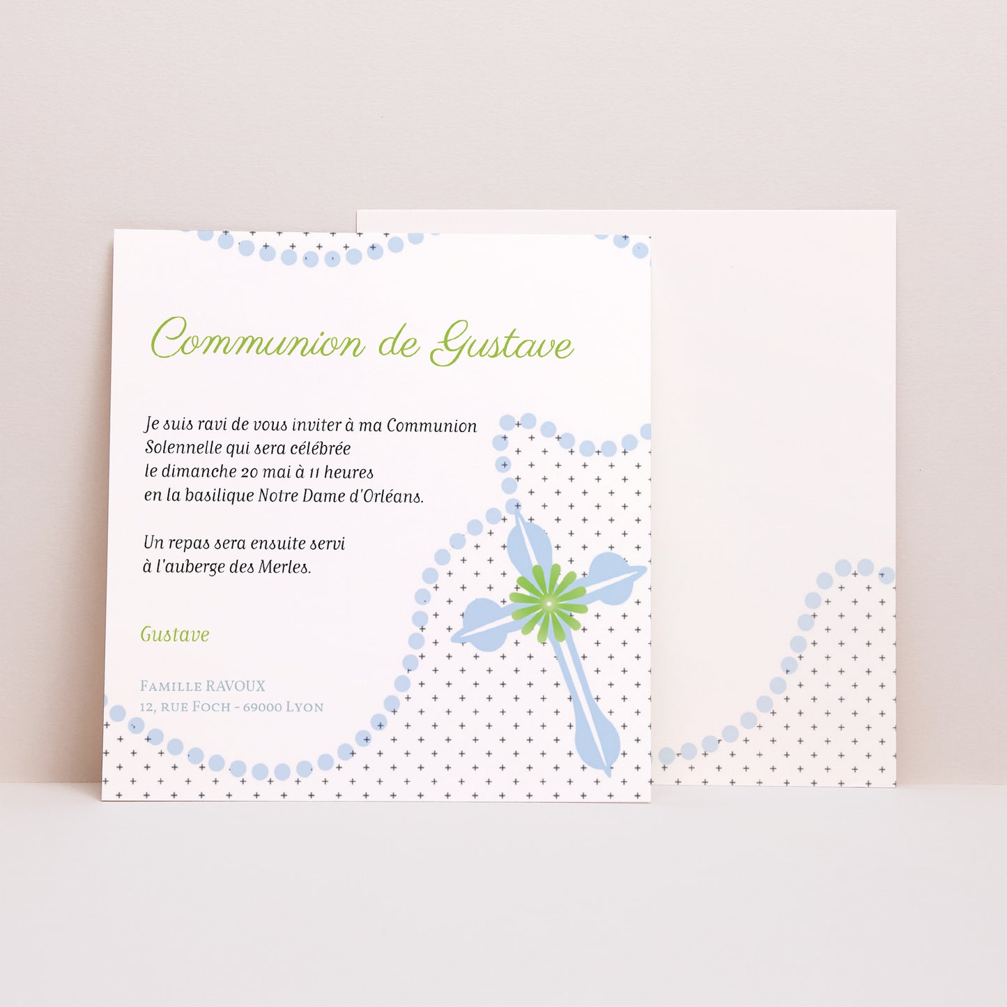 Faire-part Communion Carré Rosaire Bleu photo N° 1