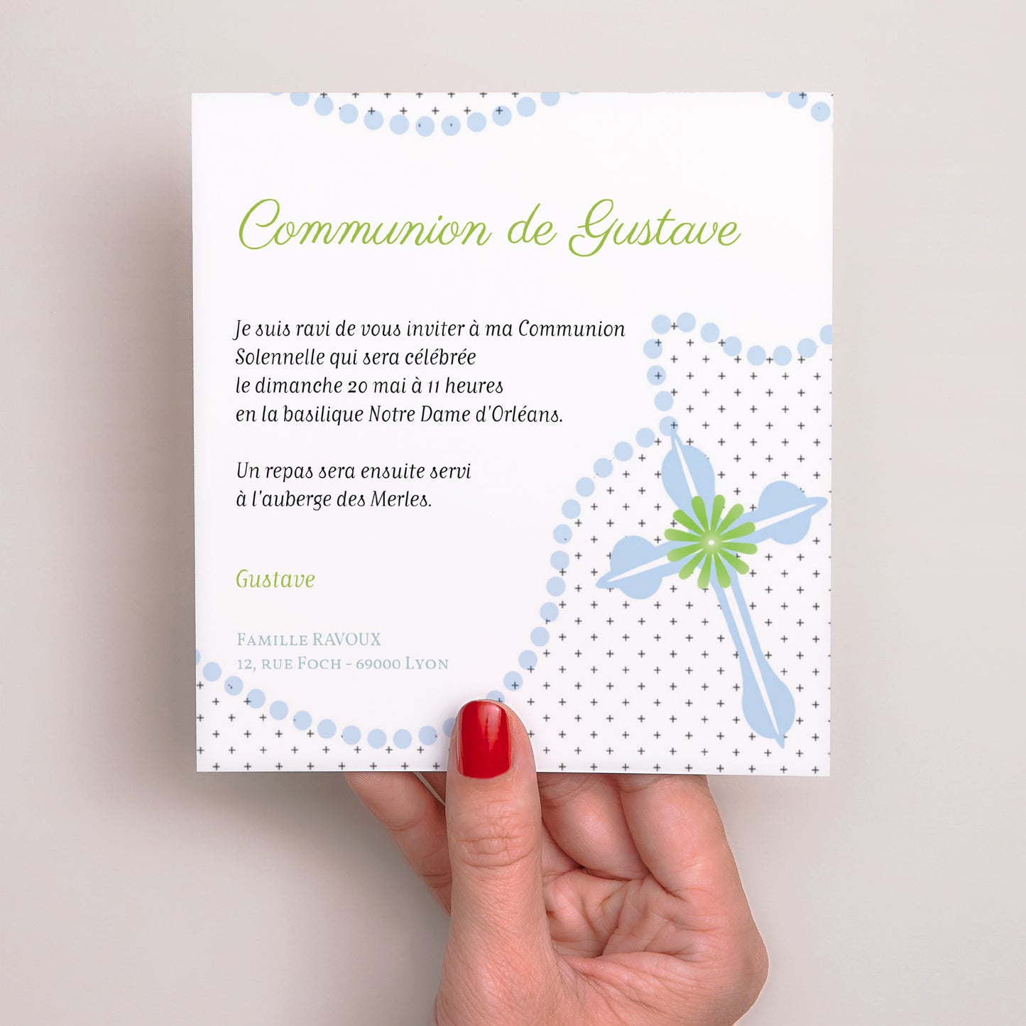 Faire-part Communion Carré Rosaire Bleu photo N° 2