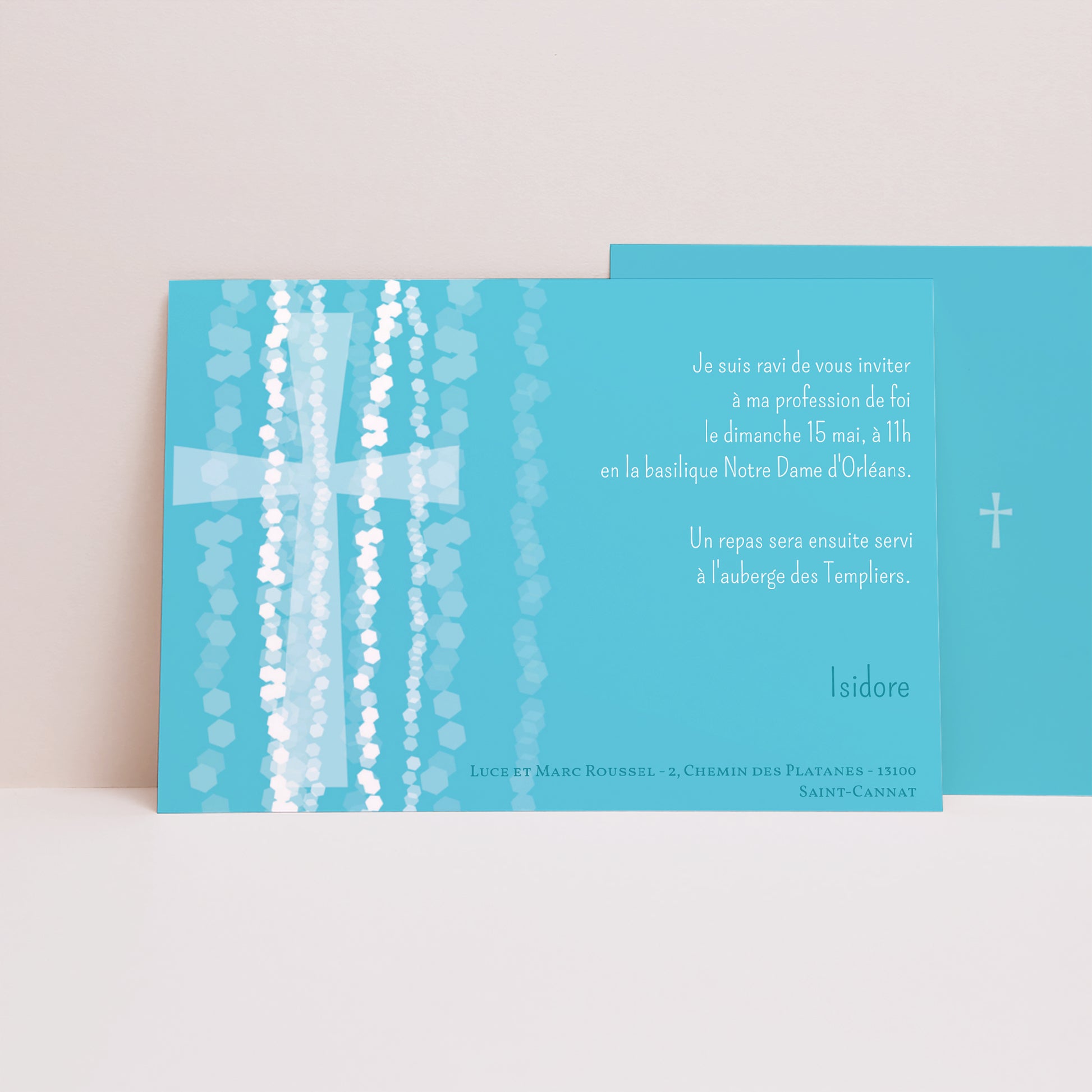 Faire-part Communion Paysage Croix Contemporaine Bleue photo N° 1