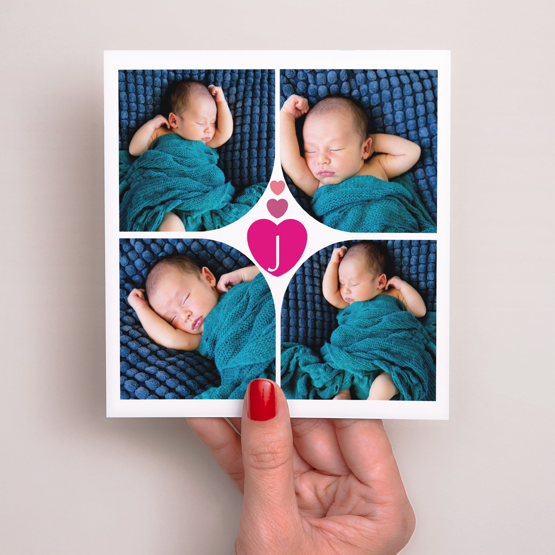 Faire-part Naissance Carré Multi-photos Coeur Fushia photo N° 2