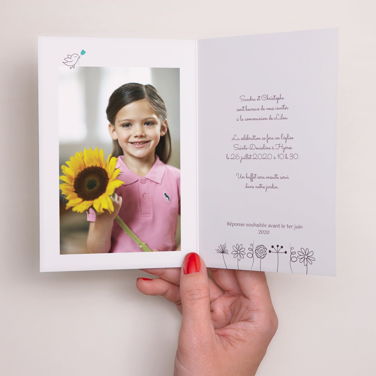 Invitations Communion Double volet portrait Florale photo N° 2