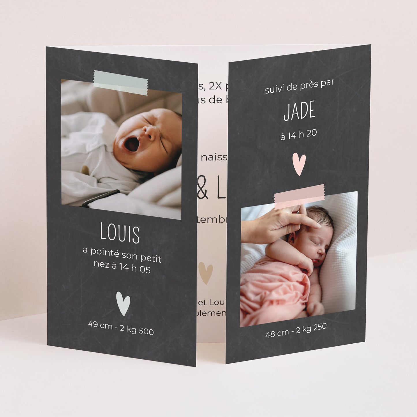 Faire-part Naissance Triptyque ouverture fenêtre Jumeaux ardoise photo N° 1