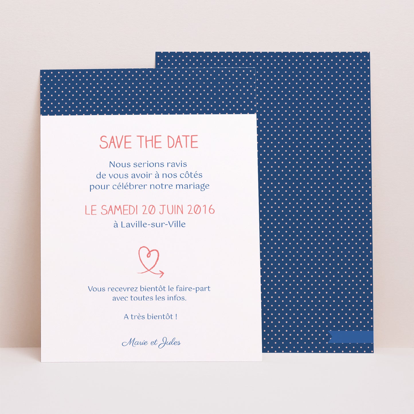 Save the date Mariage Portrait Rose, bleu nuit photo N° 1