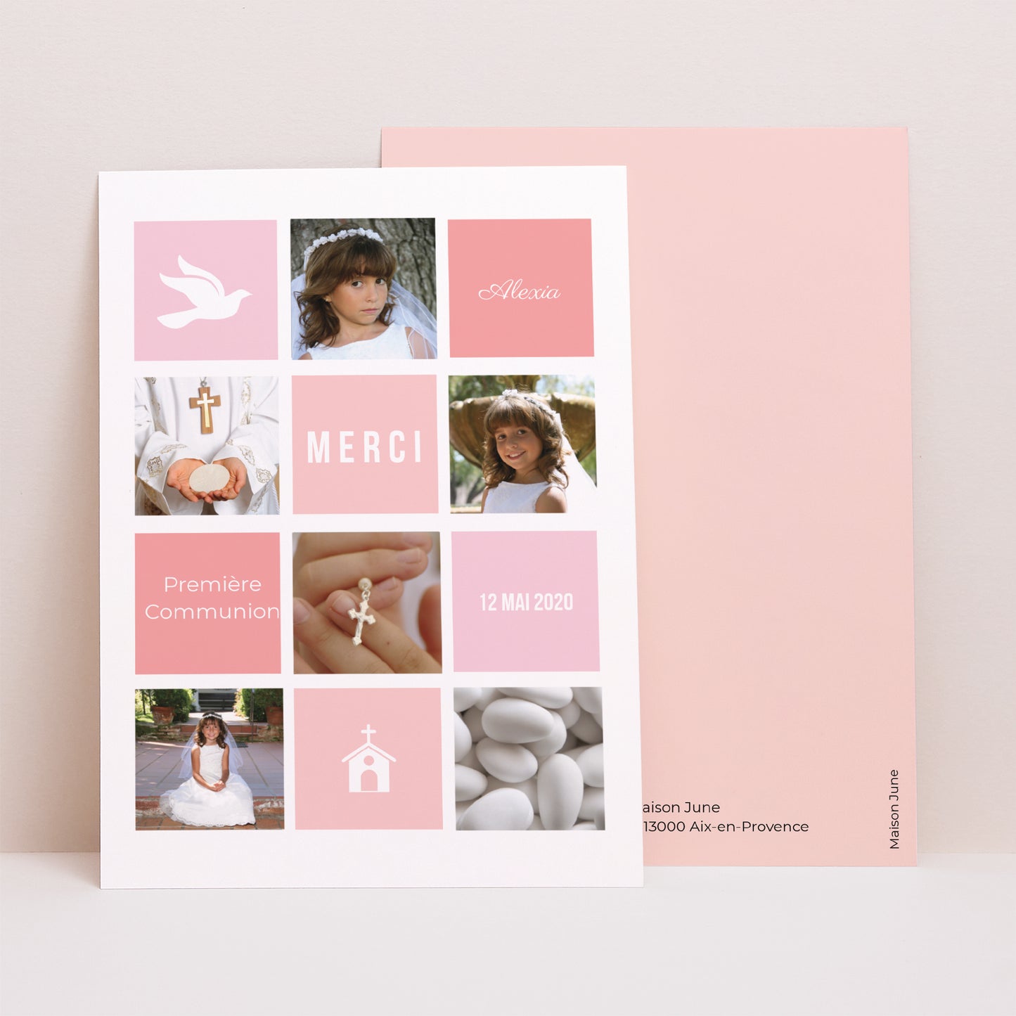 Remerciements Communion Portrait Carré rose photo N° 1
