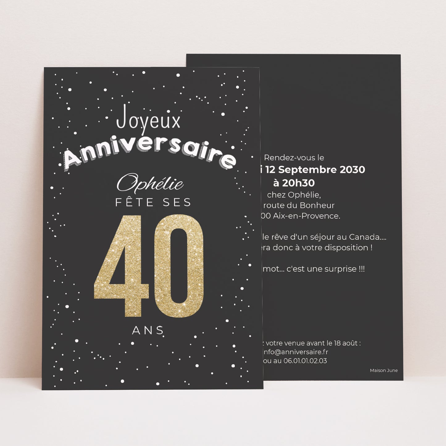 Invitations Anniversaire Adulte Portrait 40 doré photo N° 1