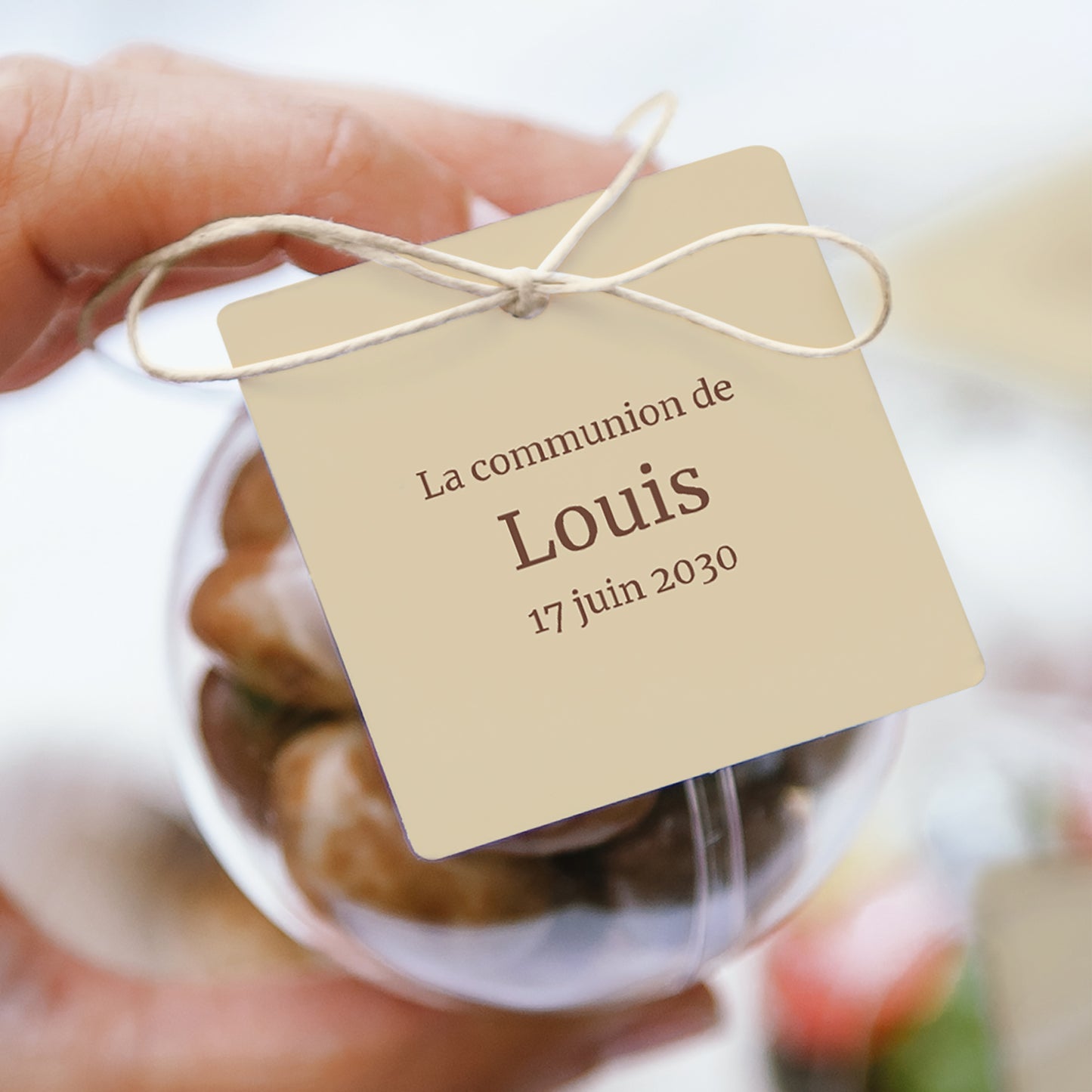 Boîte à dragées Communion boule avec étiquette carrée Pieuses images photo N° 1