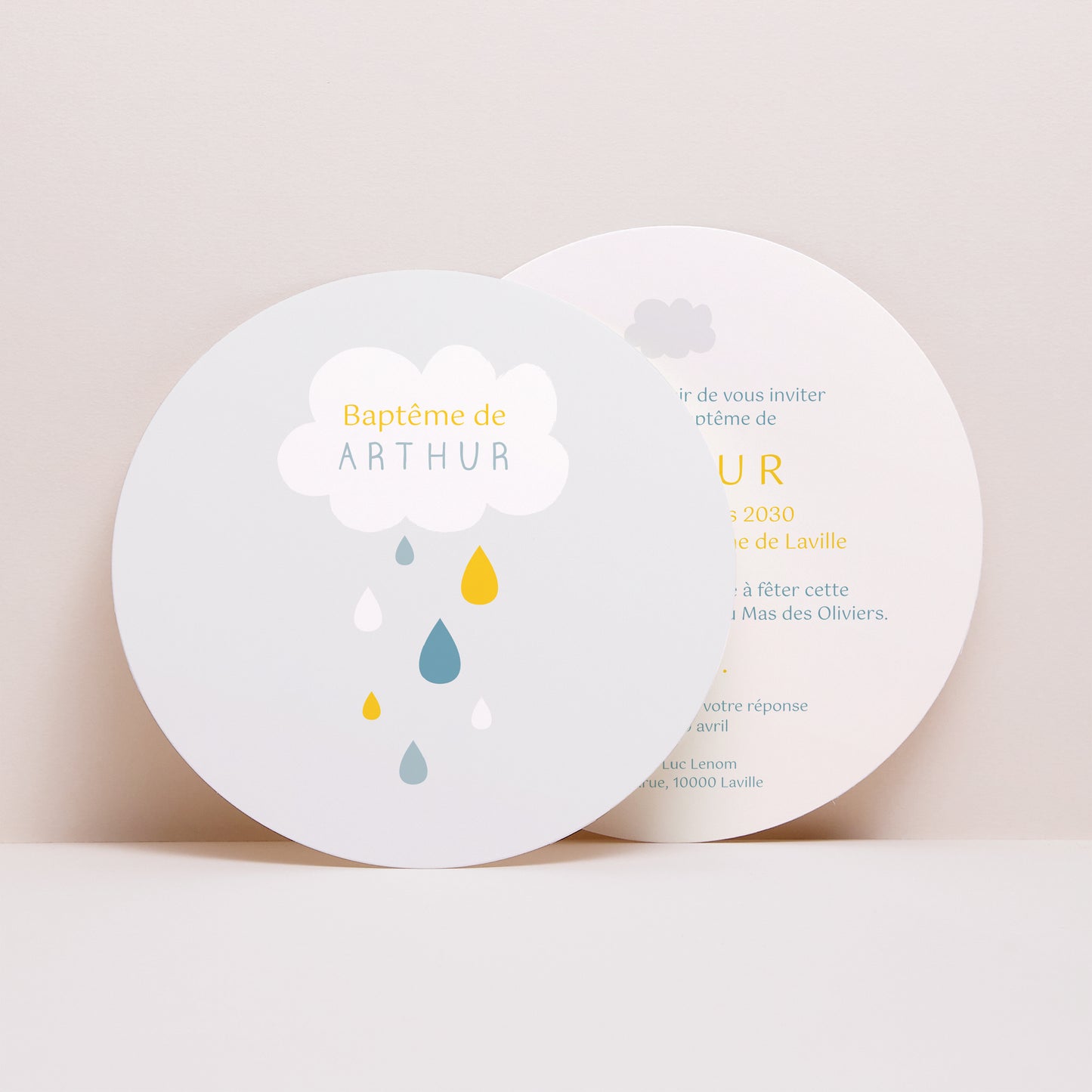 Faire-part Baptême Rond Pluie Bénite Bleue photo N° 1
