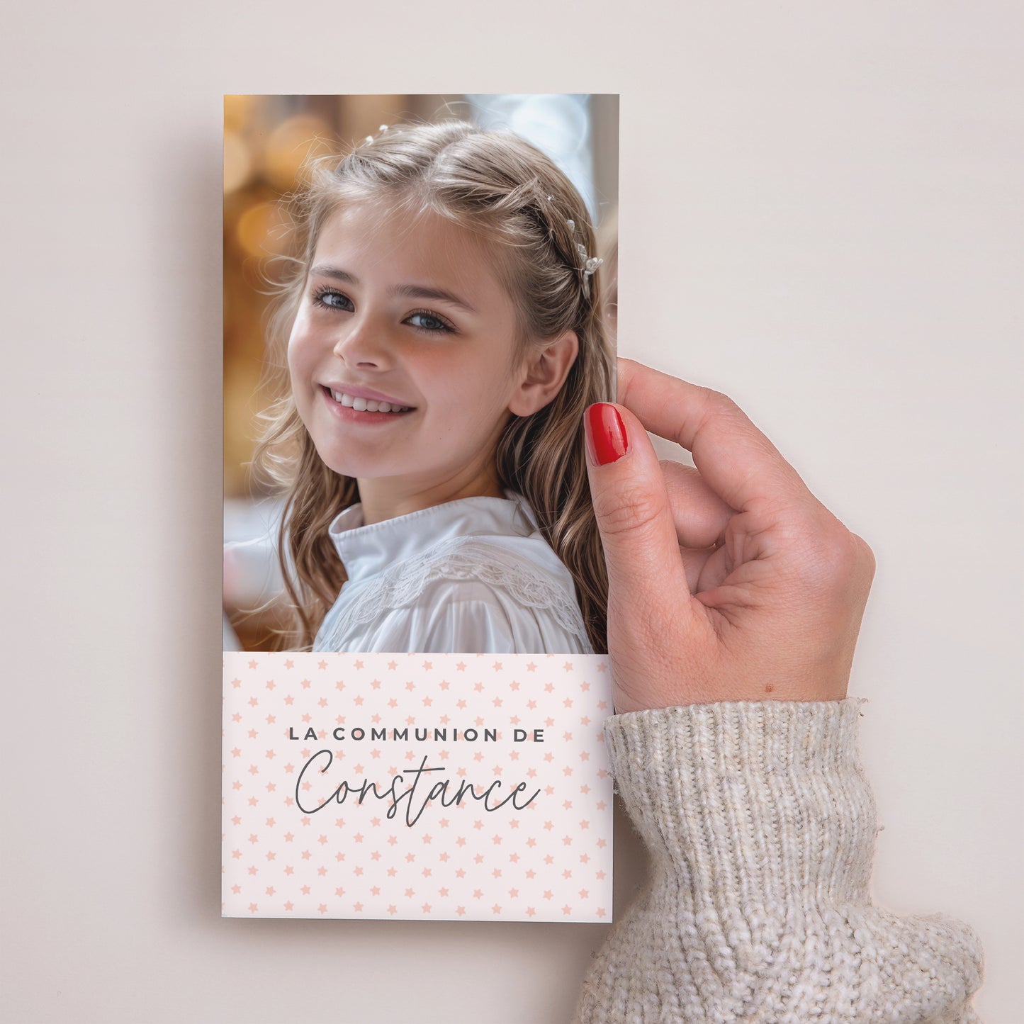 Faire-part Communion Panoramique portrait Motifs roses étoiles photo N° 2