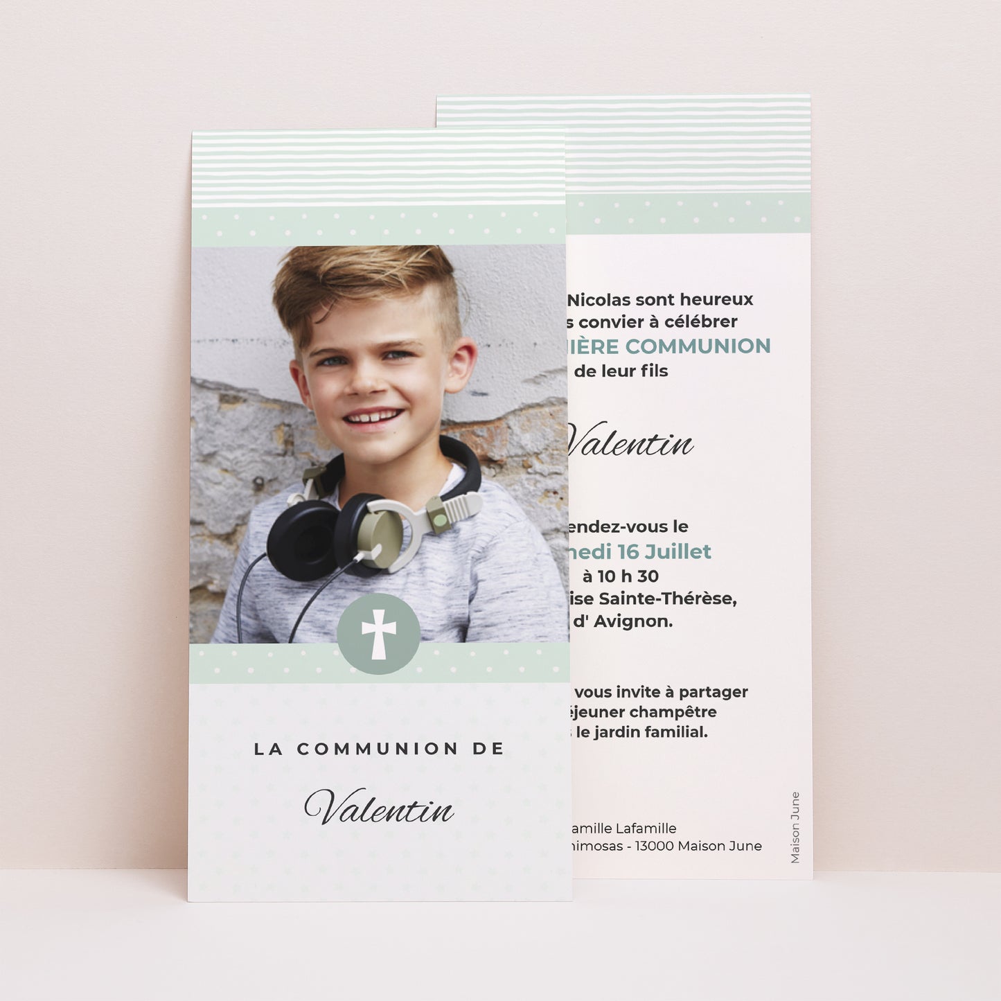 Faire-part Communion Panoramique portrait Motifs bleus étoiles photo N° 1