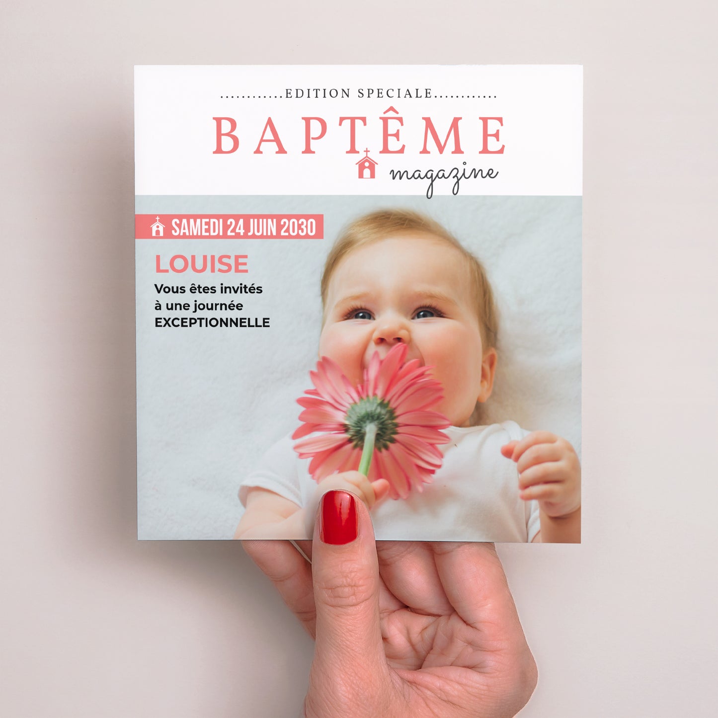 Faire-part Baptême Carré Façon Magazine photo N° 2