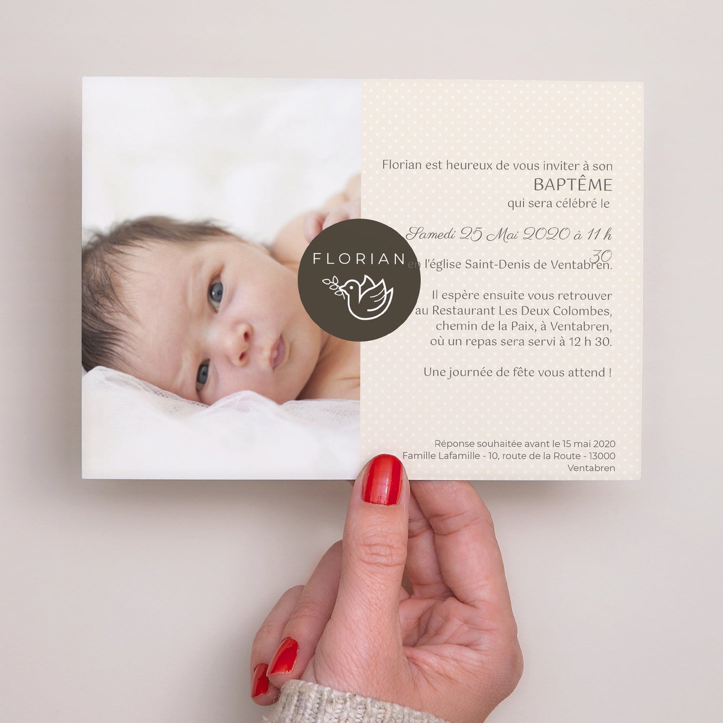 Faire-part Baptême Paysage Colombe Beige photo N° 3