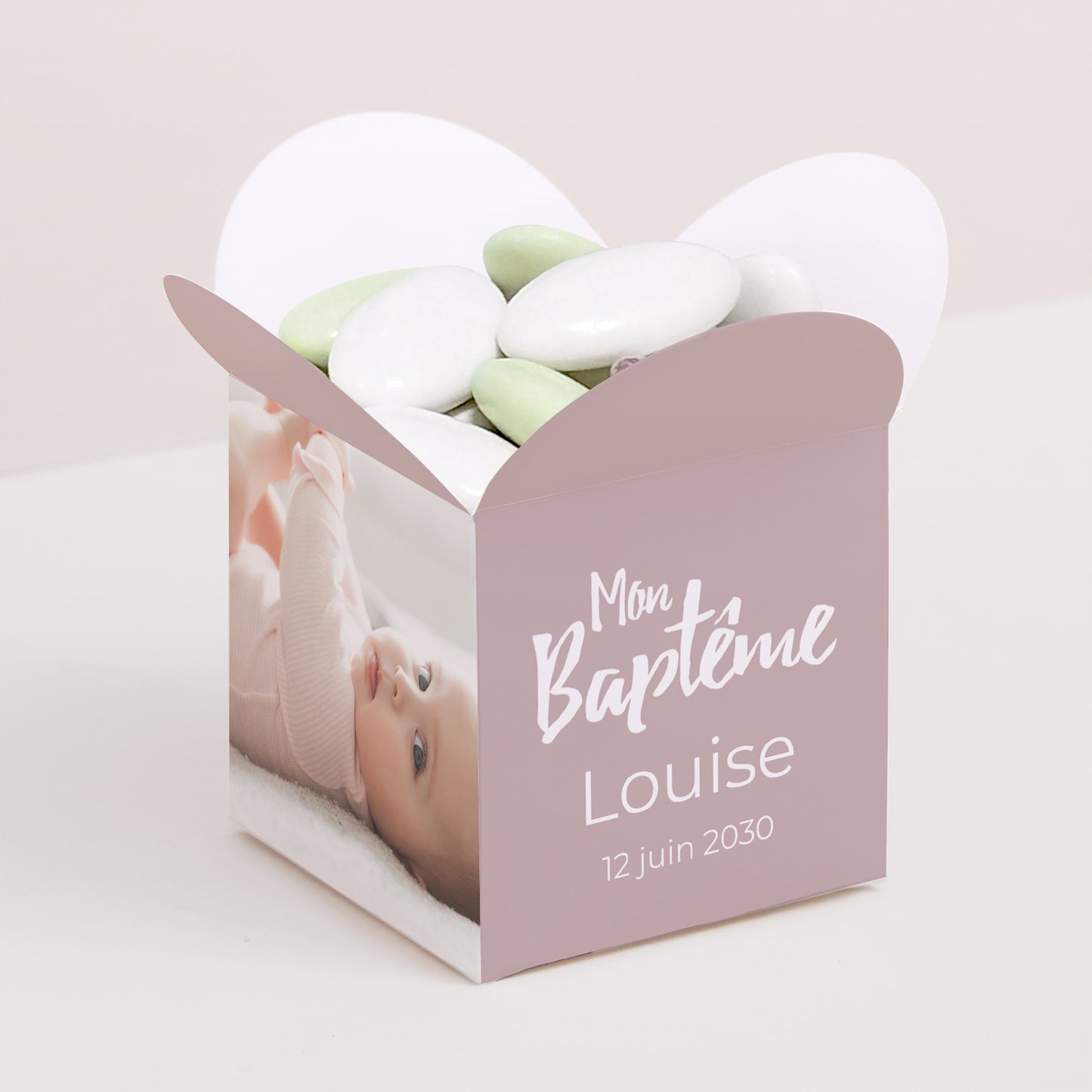 Boîte à dragées Baptême Ouverture papillon Coeur poudré photo N° 1