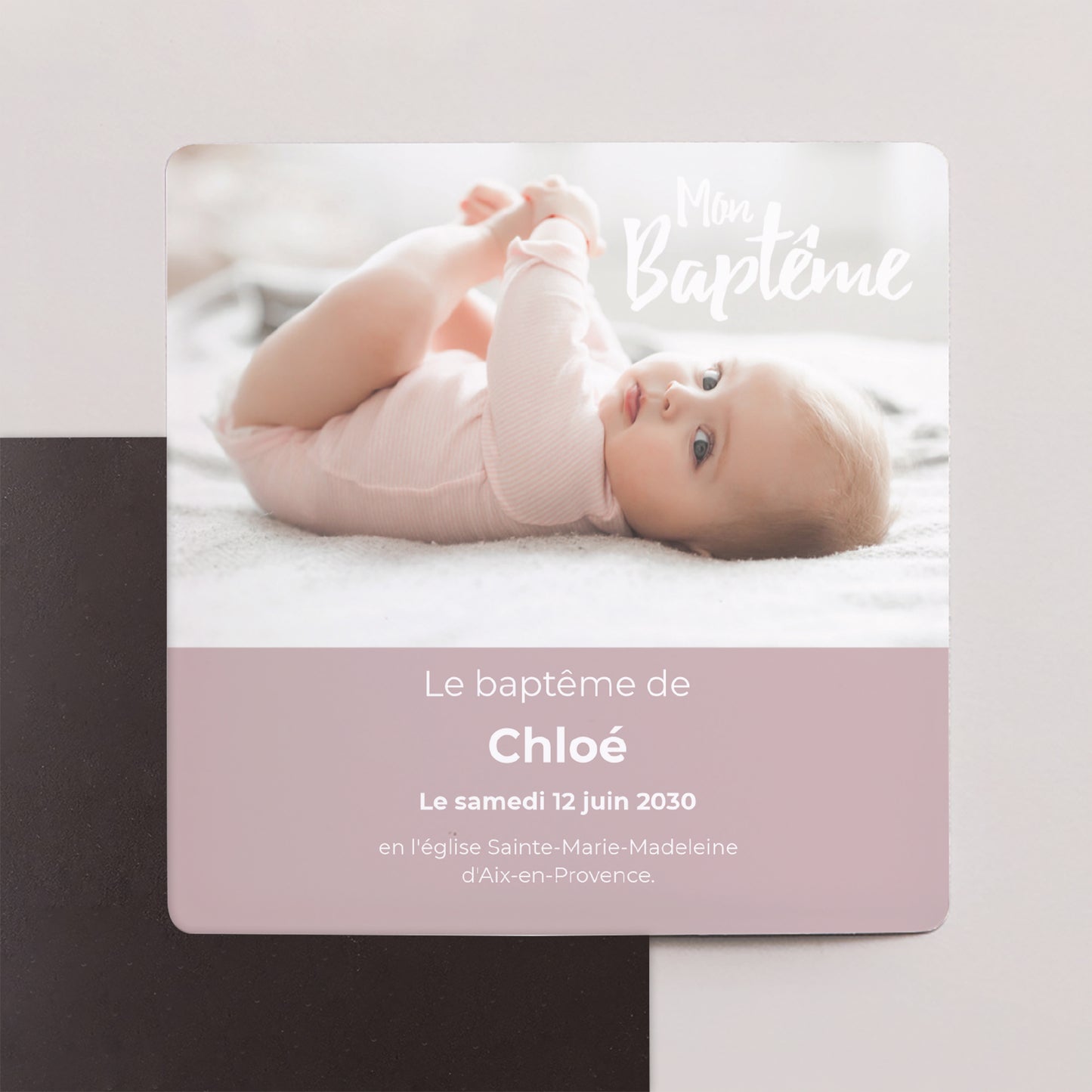 Faire-part Baptême Lot de 9, magnétique Coeur poudré photo N° 1