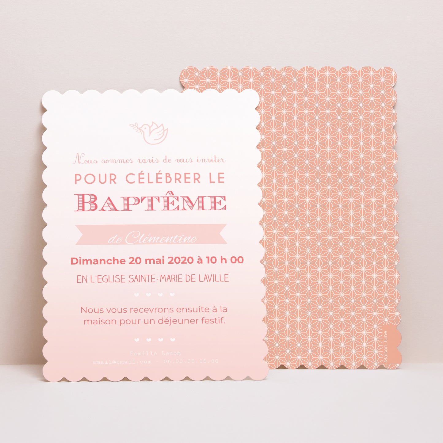 Faire-part Baptême Portrait, bords biscuit Effet Dégradé Rose photo N° 1
