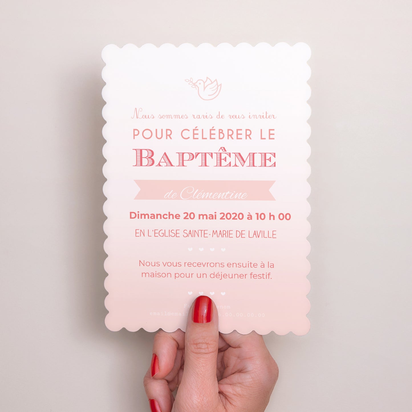 Faire-part Baptême Portrait, bords biscuit Effet Dégradé Rose photo N° 2