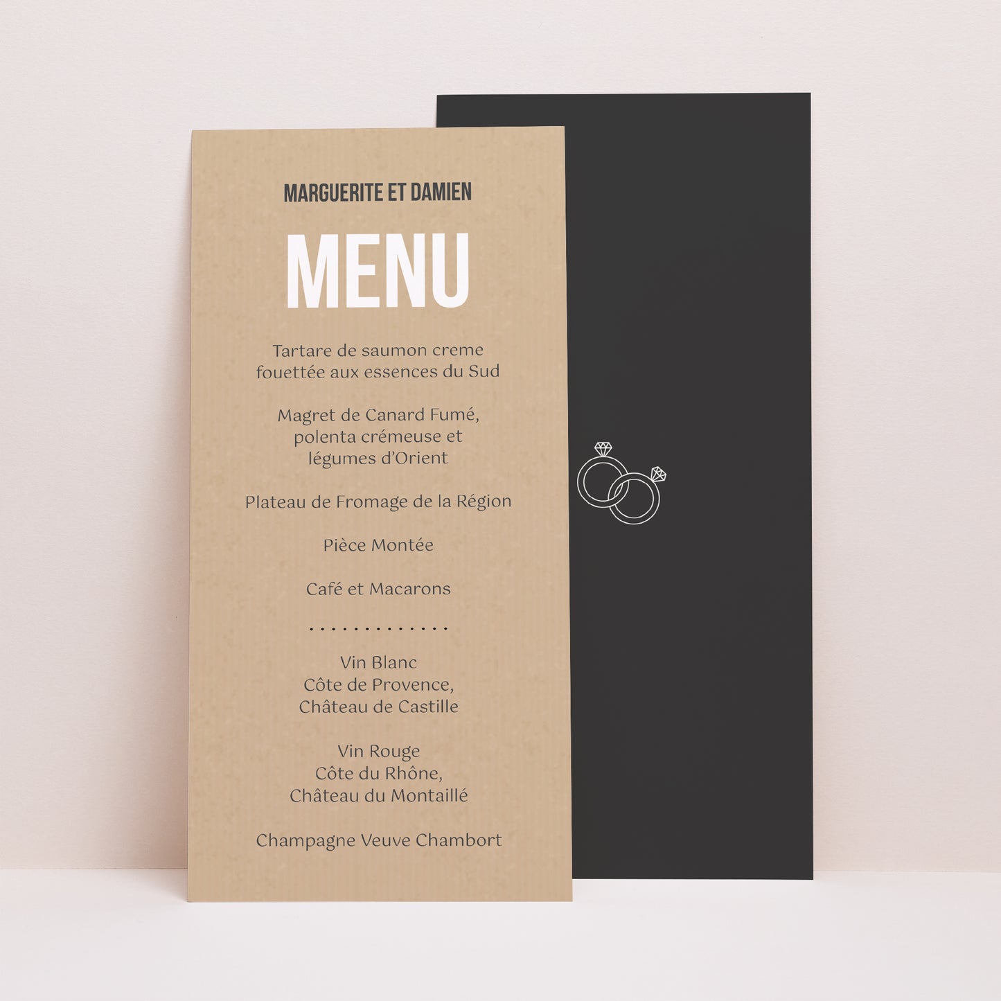 Menu Mariage Panoramique portrait Alliances Fond Kraft photo N° 1