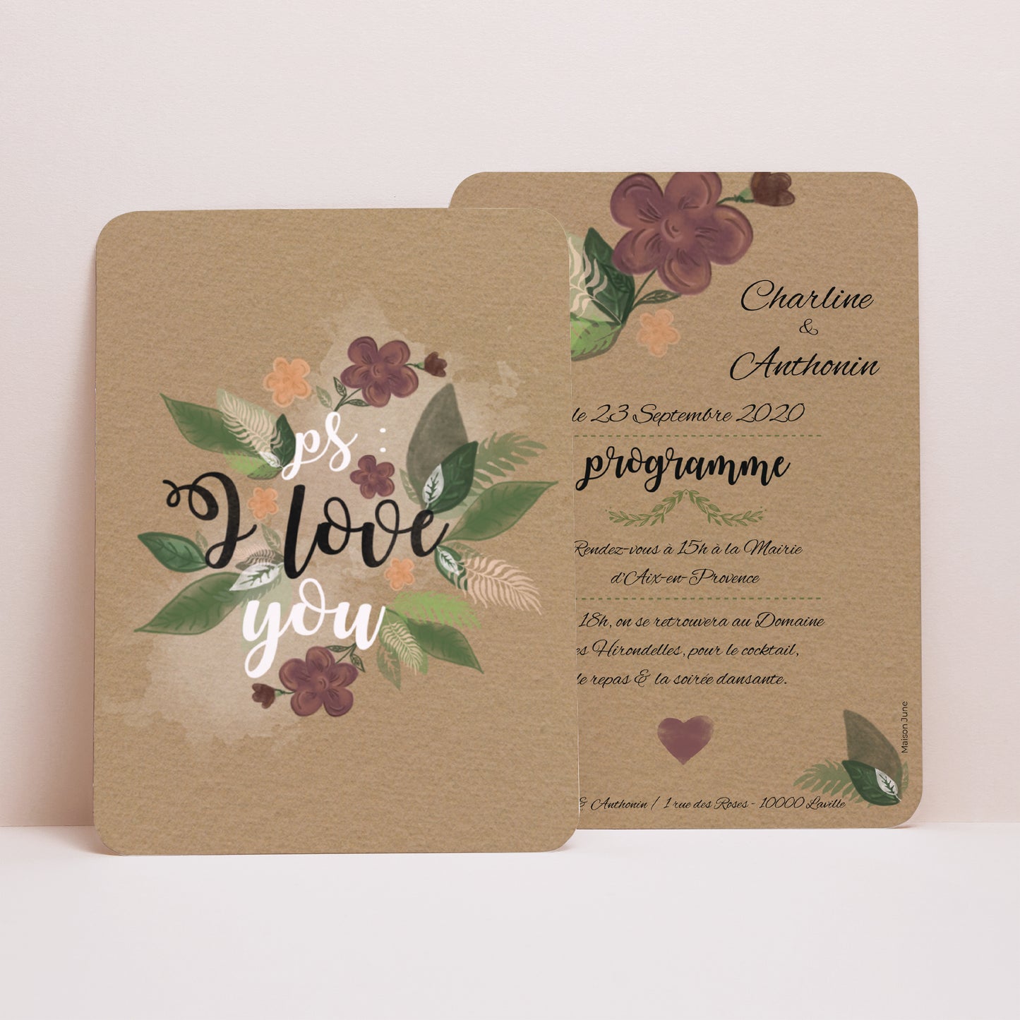 Faire-part Mariage Portrait, bords arrondis Fleurs Vintage photo N° 1