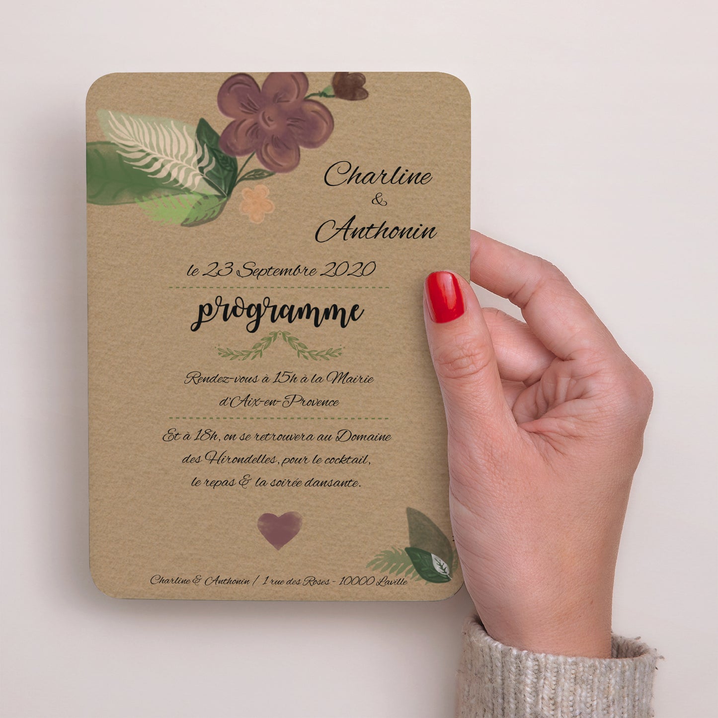 Faire-part Mariage Portrait, bords arrondis Fleurs Vintage photo N° 3