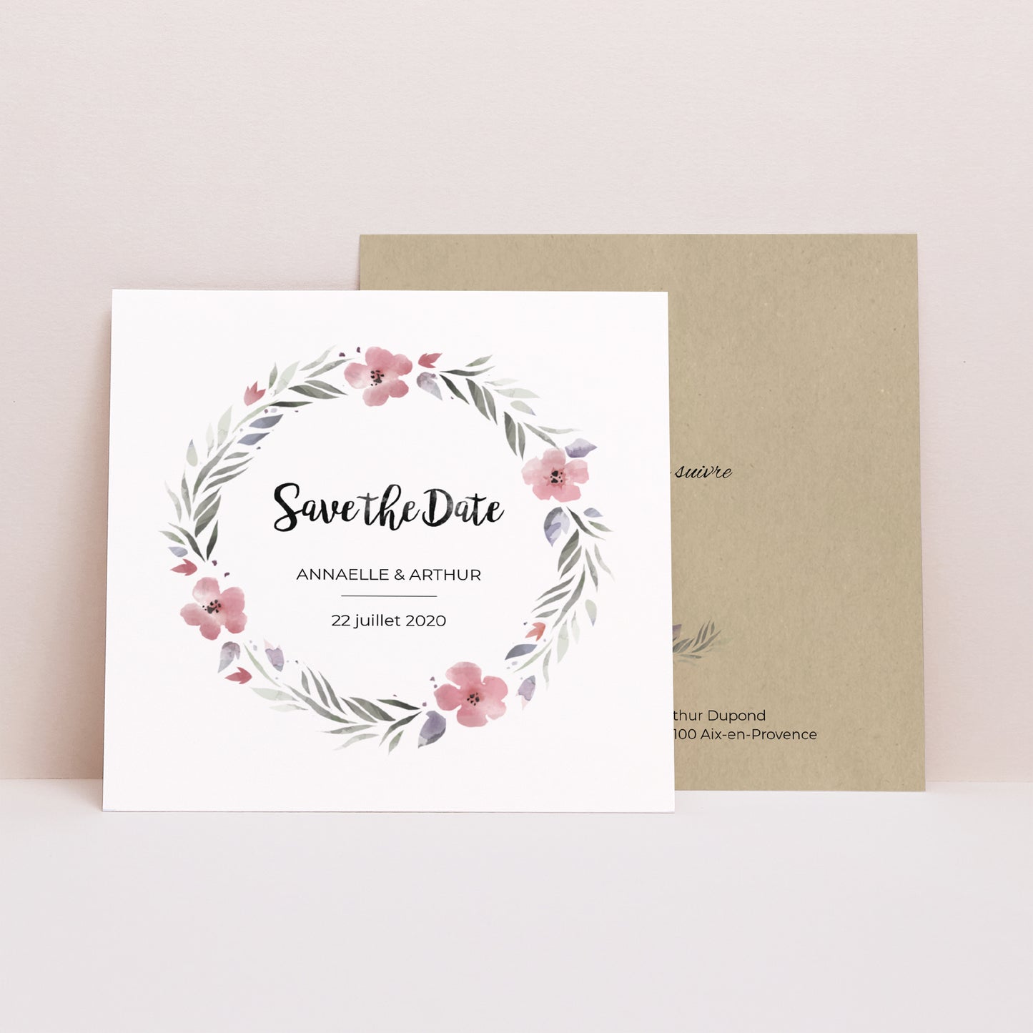 Save the date Mariage Carré Fleurs romantiques photo N° 1