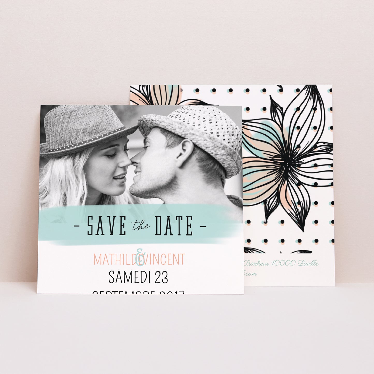 Save the date Mariage Carré Fleurs Motifs Fun photo N° 1