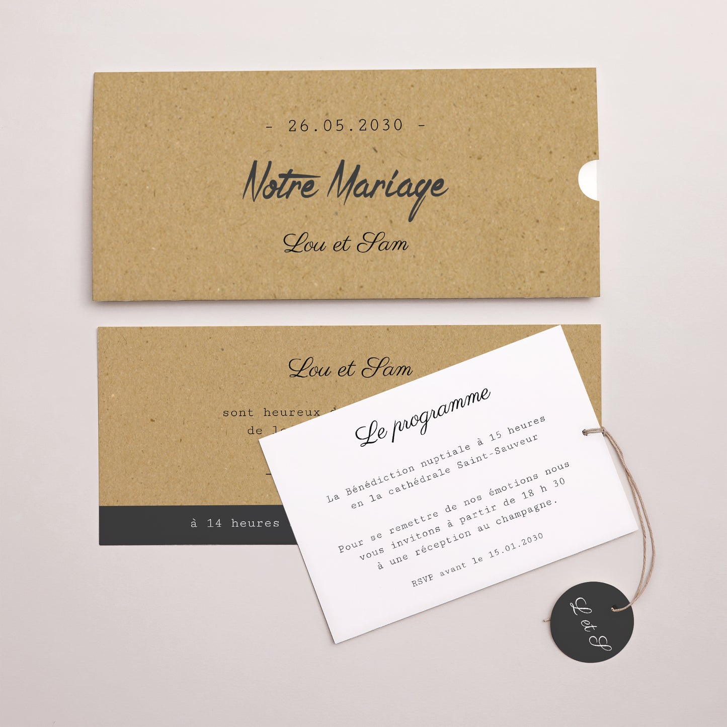 Faire-part Mariage Pochette 2 cartes, étiquette Traits & Kraft photo N° 3