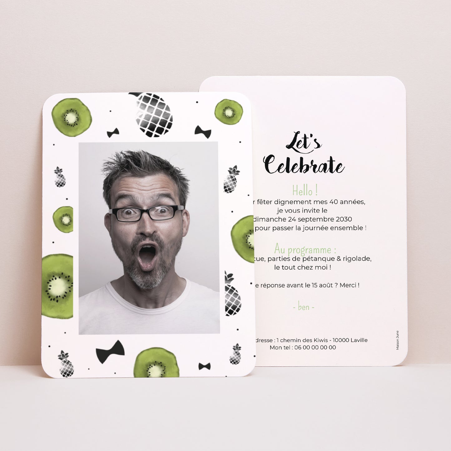 Invitations Anniversaire Adulte Portrait, bords arrondis Kiwis & Ananas photo N° 1