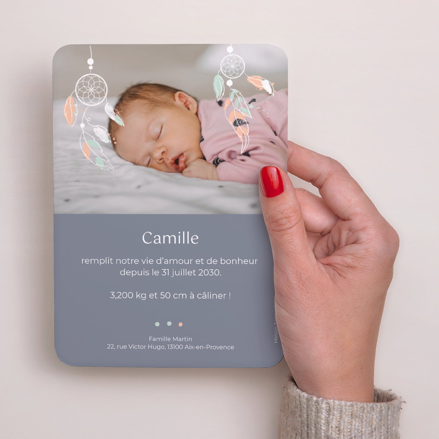 Faire-part Naissance Portrait, bords arrondis Dreamcatcher Vintage photo N° 3