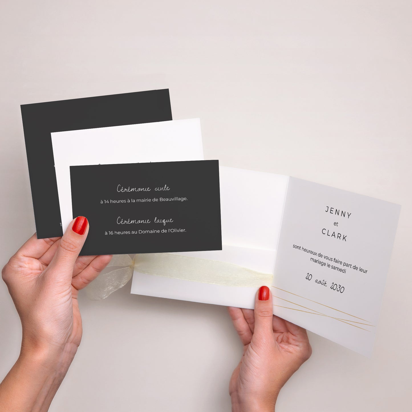 Faire-part Mariage Pochette carrée, 3 cartes, étiquette Minimaliste Chic photo N° 3