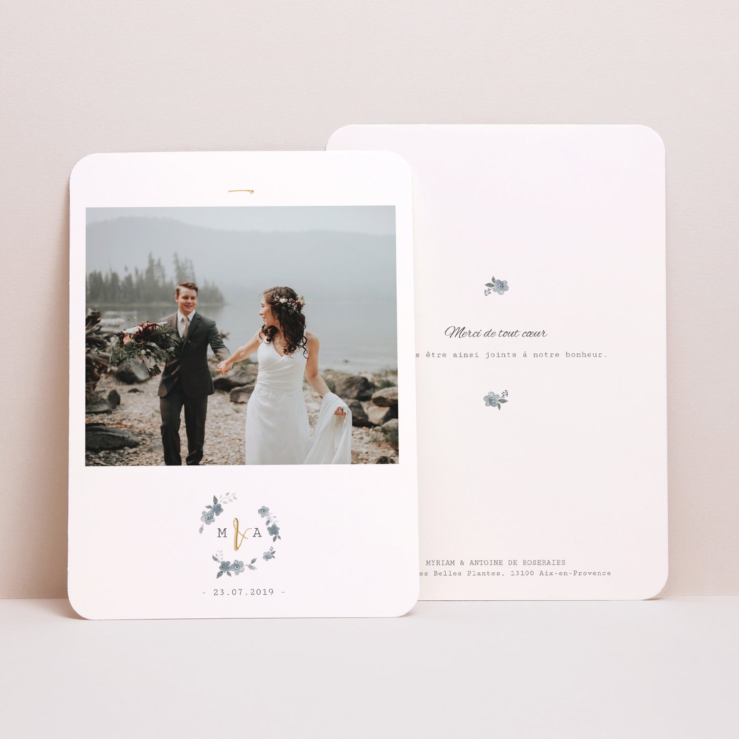 Remerciements Mariage Portrait, bords arrondis Bleu botanique photo N° 1