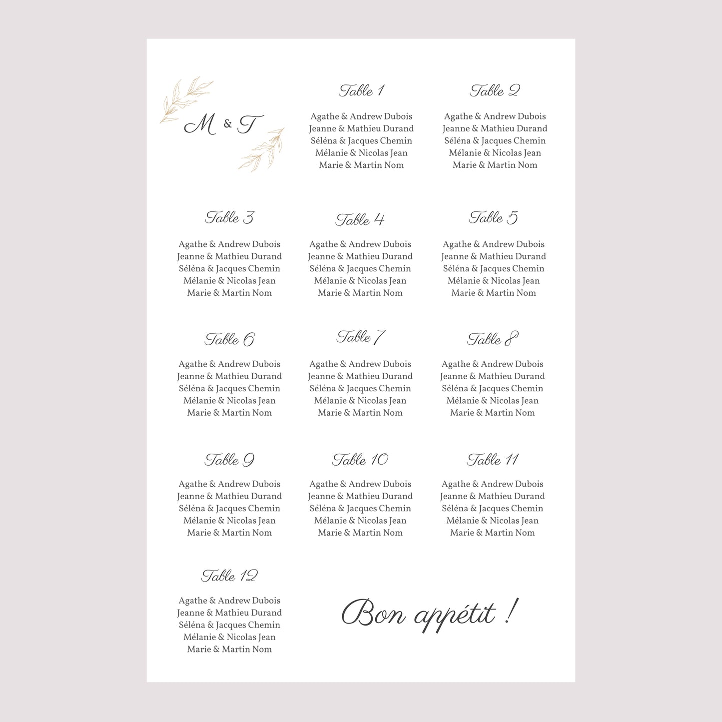 Plan de table Mariage Portrait 60 x 90 cm Végétal minimal photo N° 2