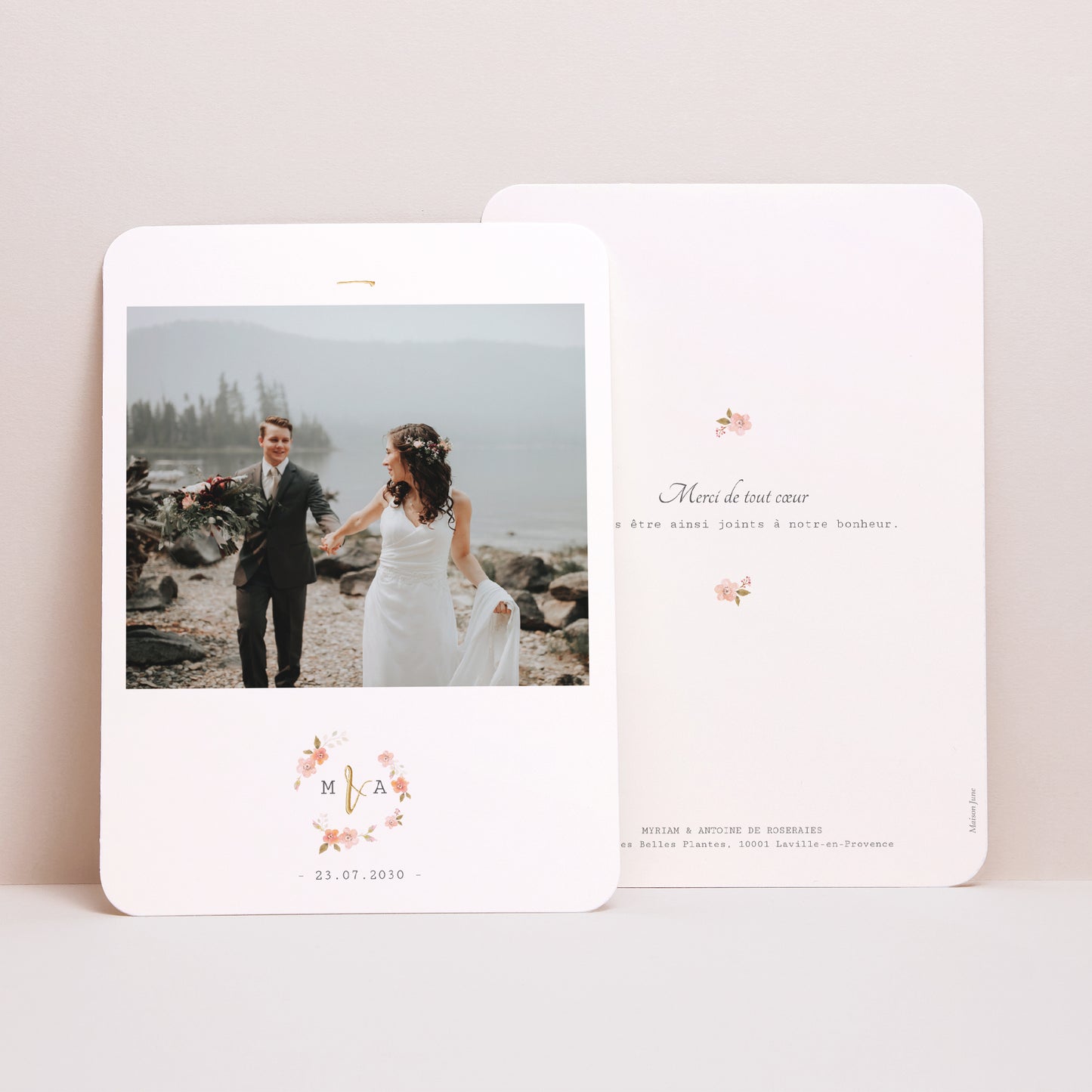 Remerciements Mariage Portrait, bords arrondis Rose Botanique photo N° 1