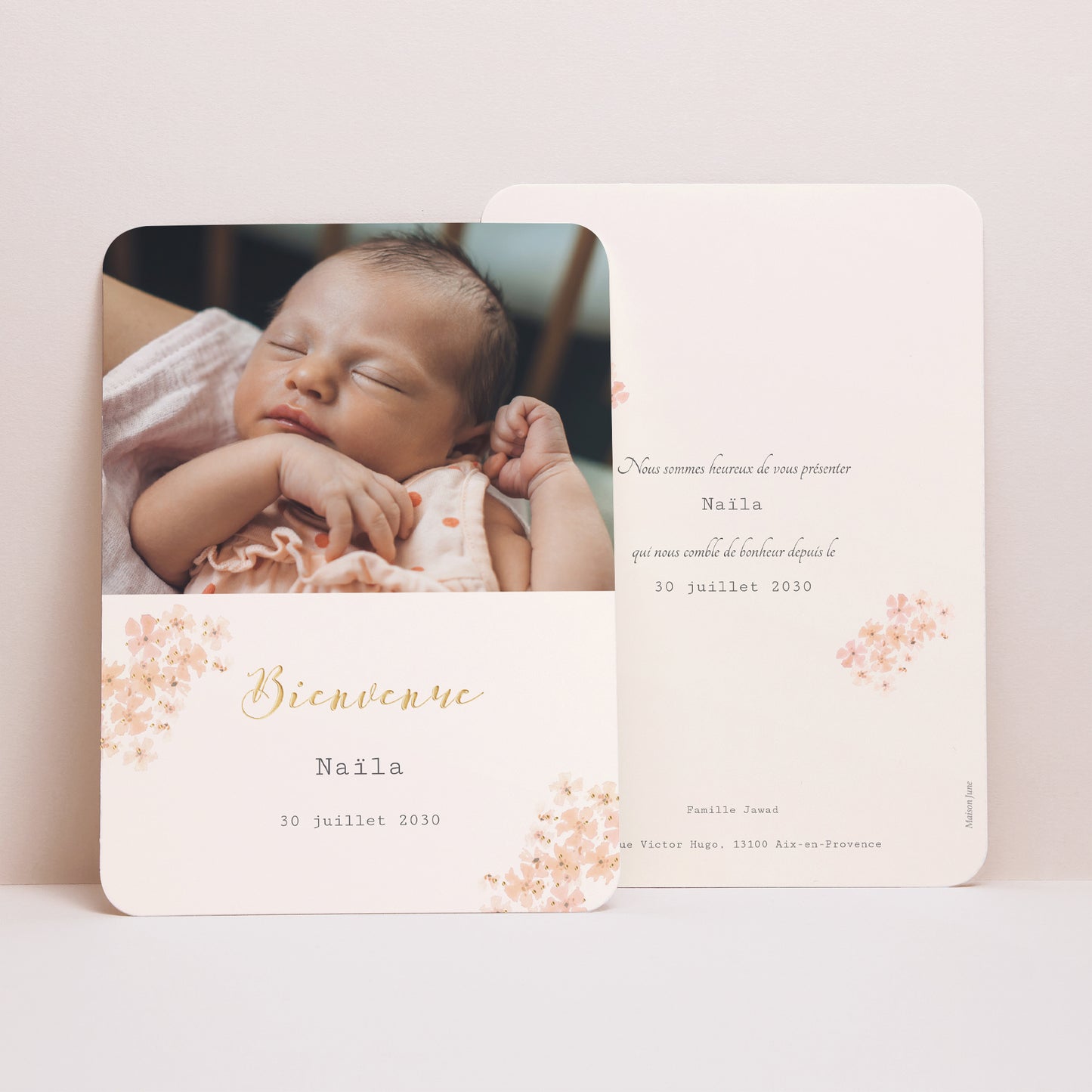 Faire-part Naissance Portrait, bords arrondis Fleurs Aquarelle Pêche photo N° 1