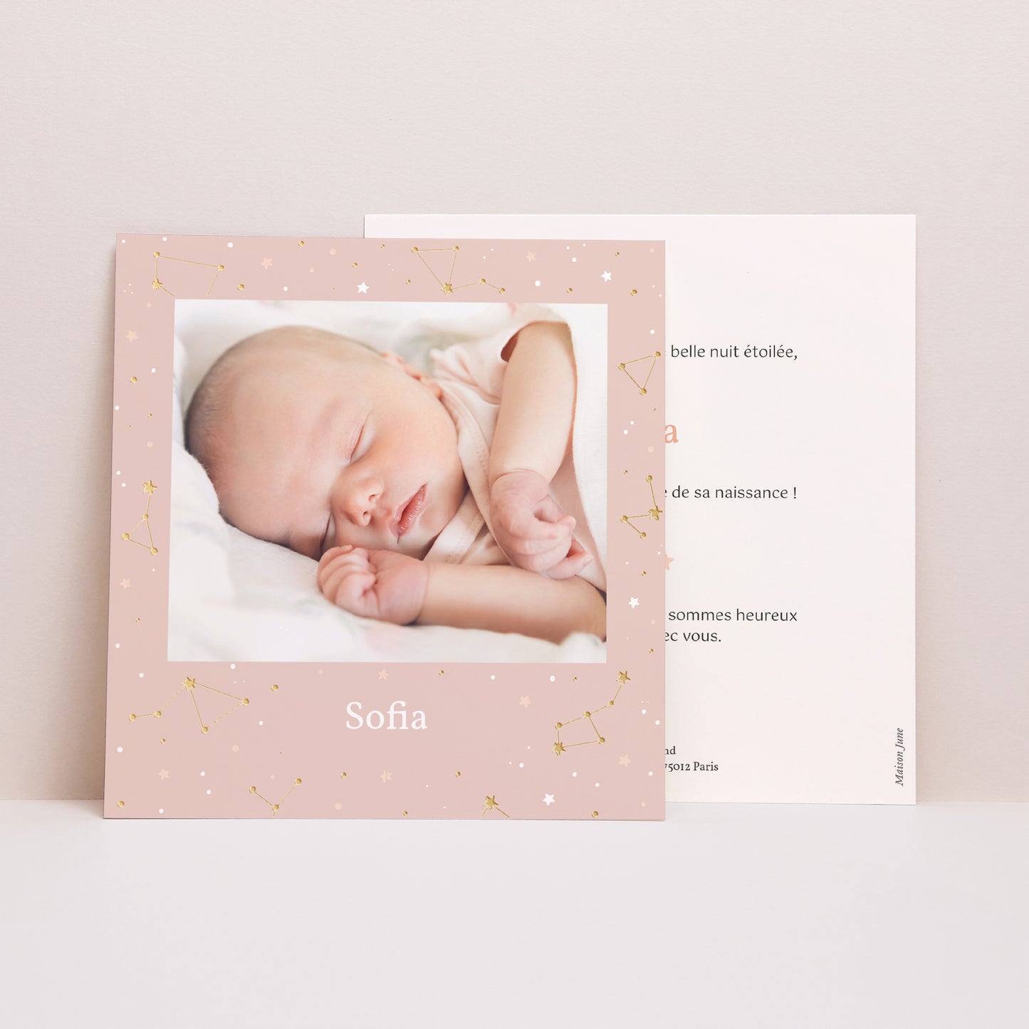 Faire-part Naissance Carré Voûte Céleste rose photo N° 1