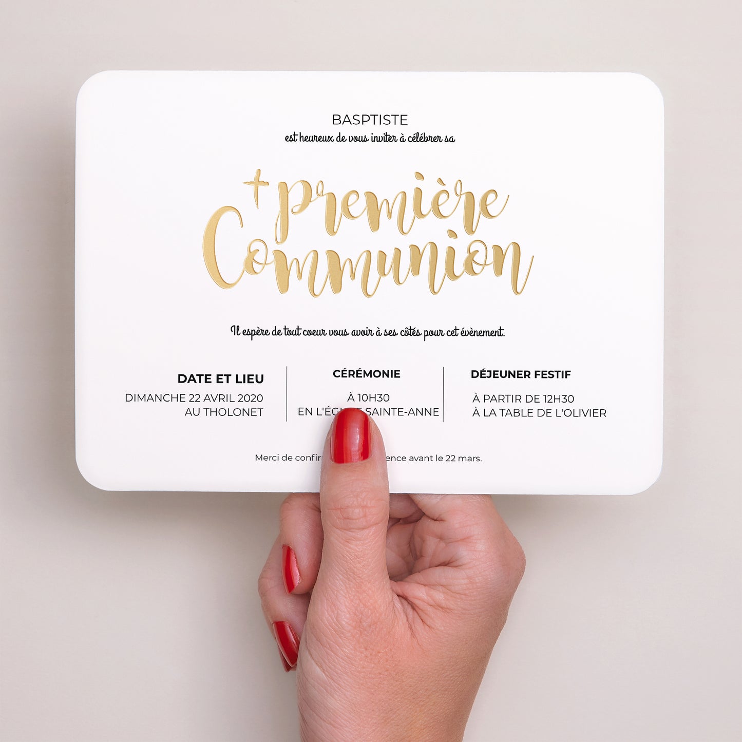 Faire-part Communion Paysage, bords arrondis Aquarelle d'or photo N° 3