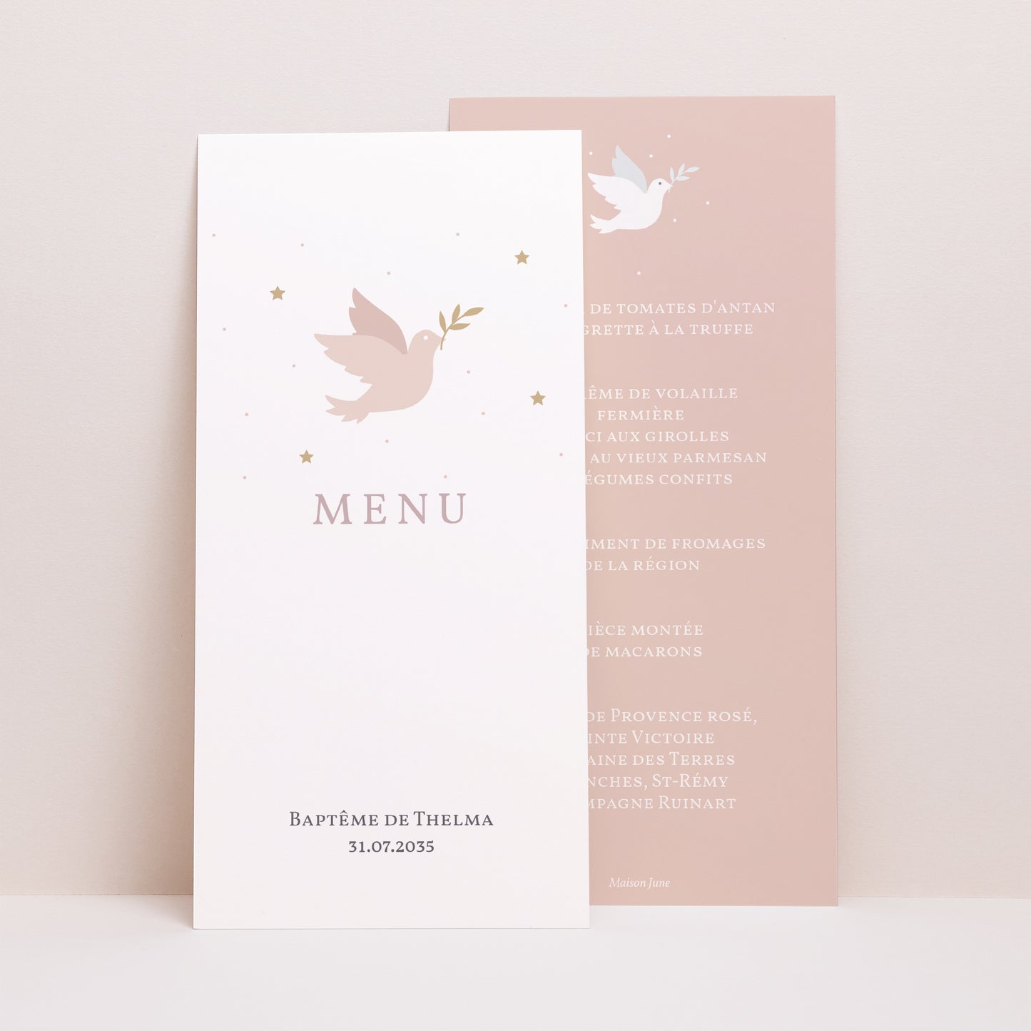 Menu Baptême Panoramique portrait Colombe rose photo N° 1