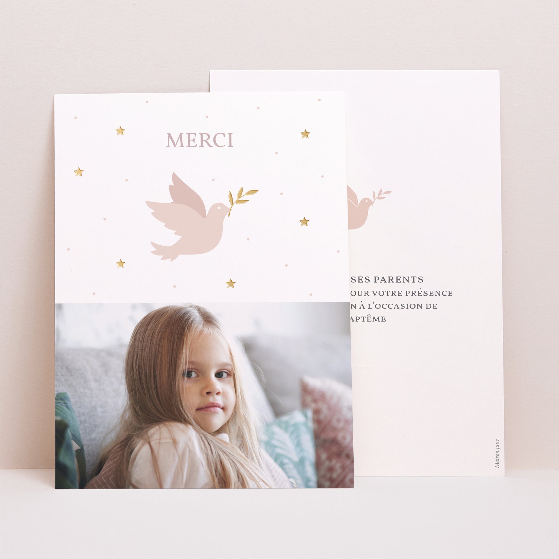 Remerciements Baptême Portrait Colombe rose photo N° 1