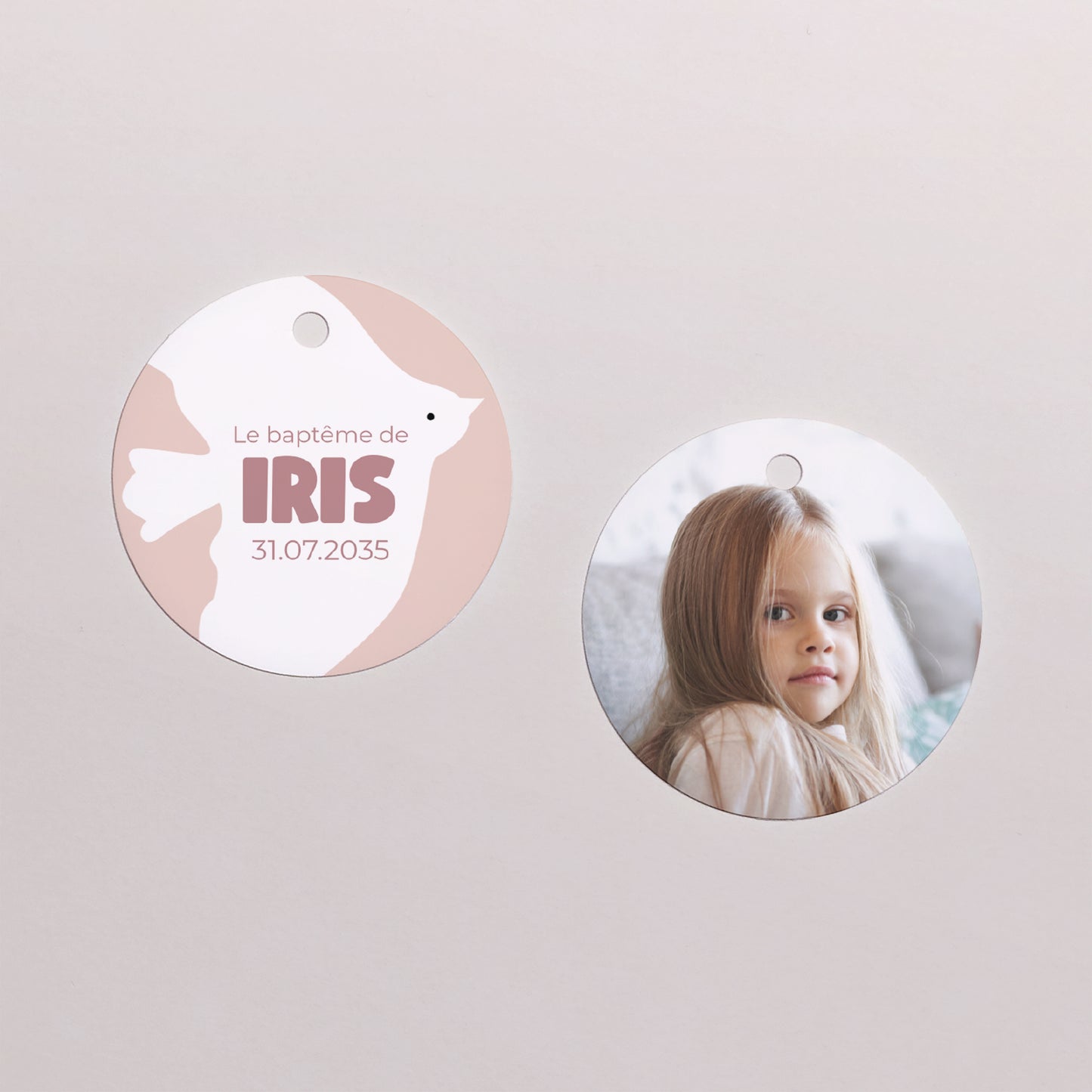 Boîte à dragées Baptême boule avec étiquette ronde Colombe rose photo N° 3
