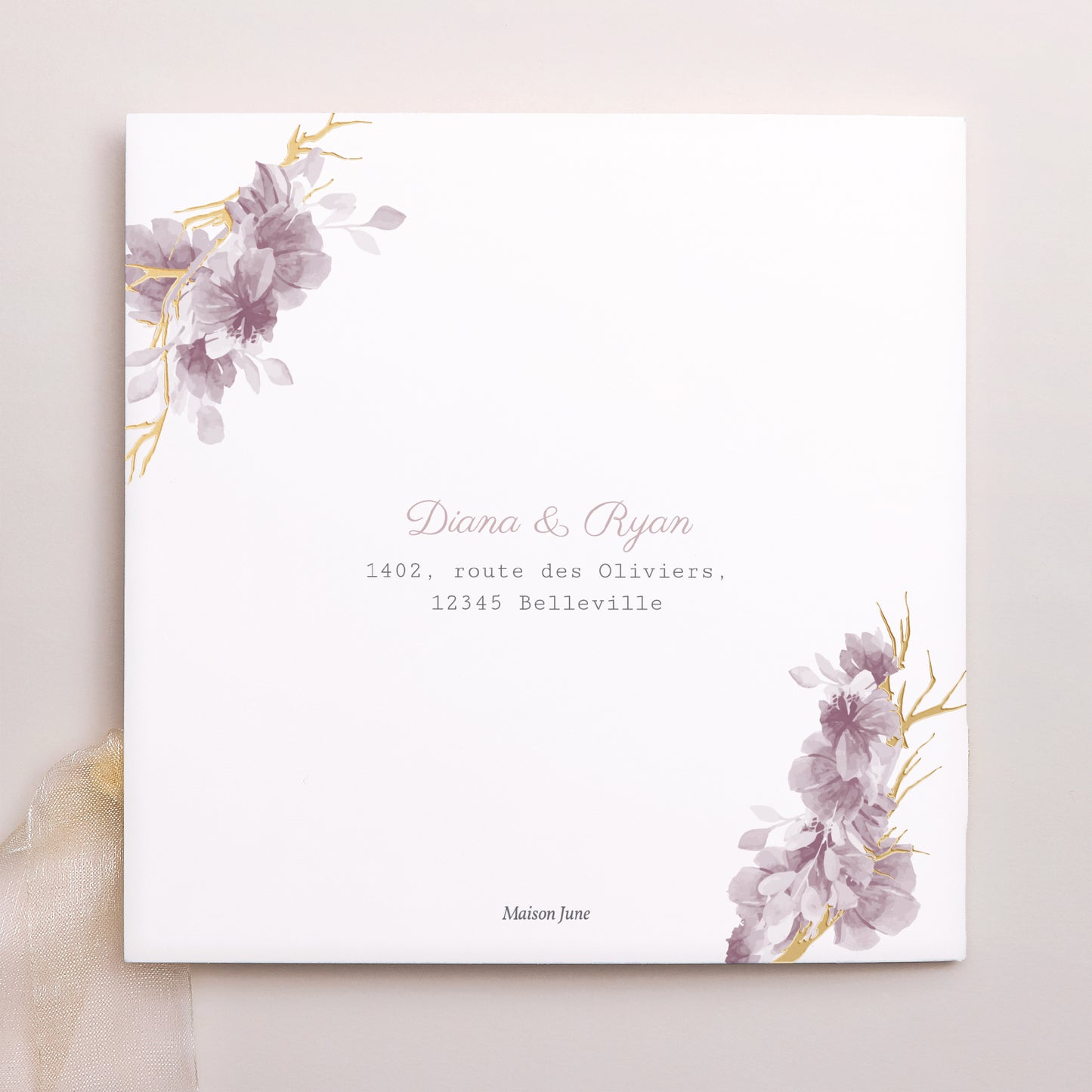 Faire-part Mariage Pochette carrée, 3 cartes, étiquette Vintage Chic Rose photo N° 4