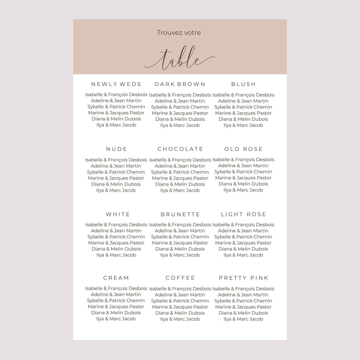 Plan de table Mariage Portrait 60 x 90 cm Nude Chic photo N° 2