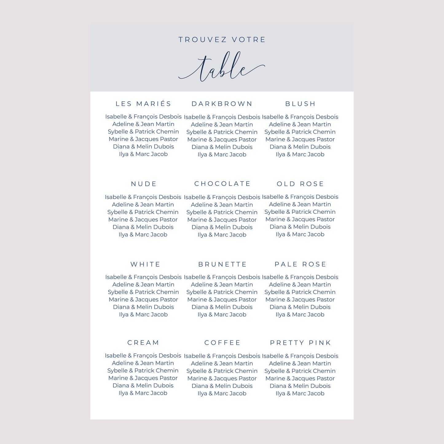 Plan de table Mariage Portrait 60 x 90 cm Nude & Marine Chic photo N° 2