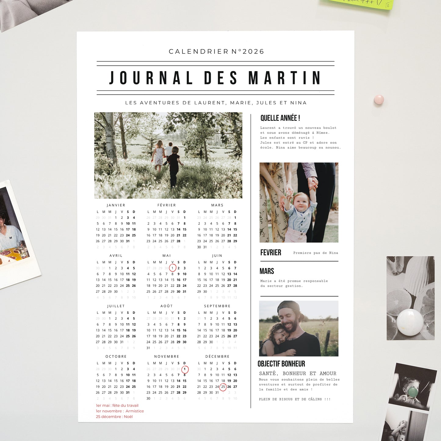 Calendrier Fin d'année Magnétique, monopage portrait Journal Année photo N° 1