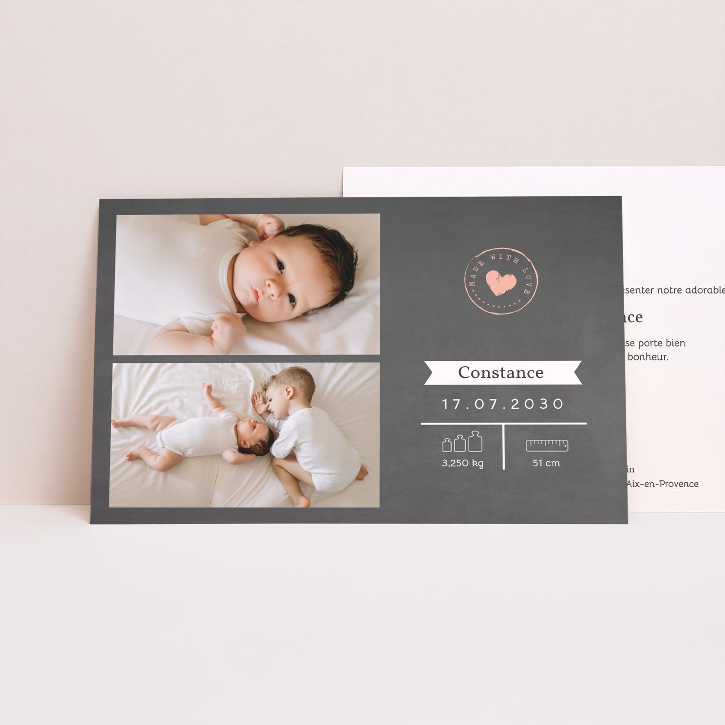 Faire-part Naissance Paysage Ardoise & Coeur Rose photo N° 1