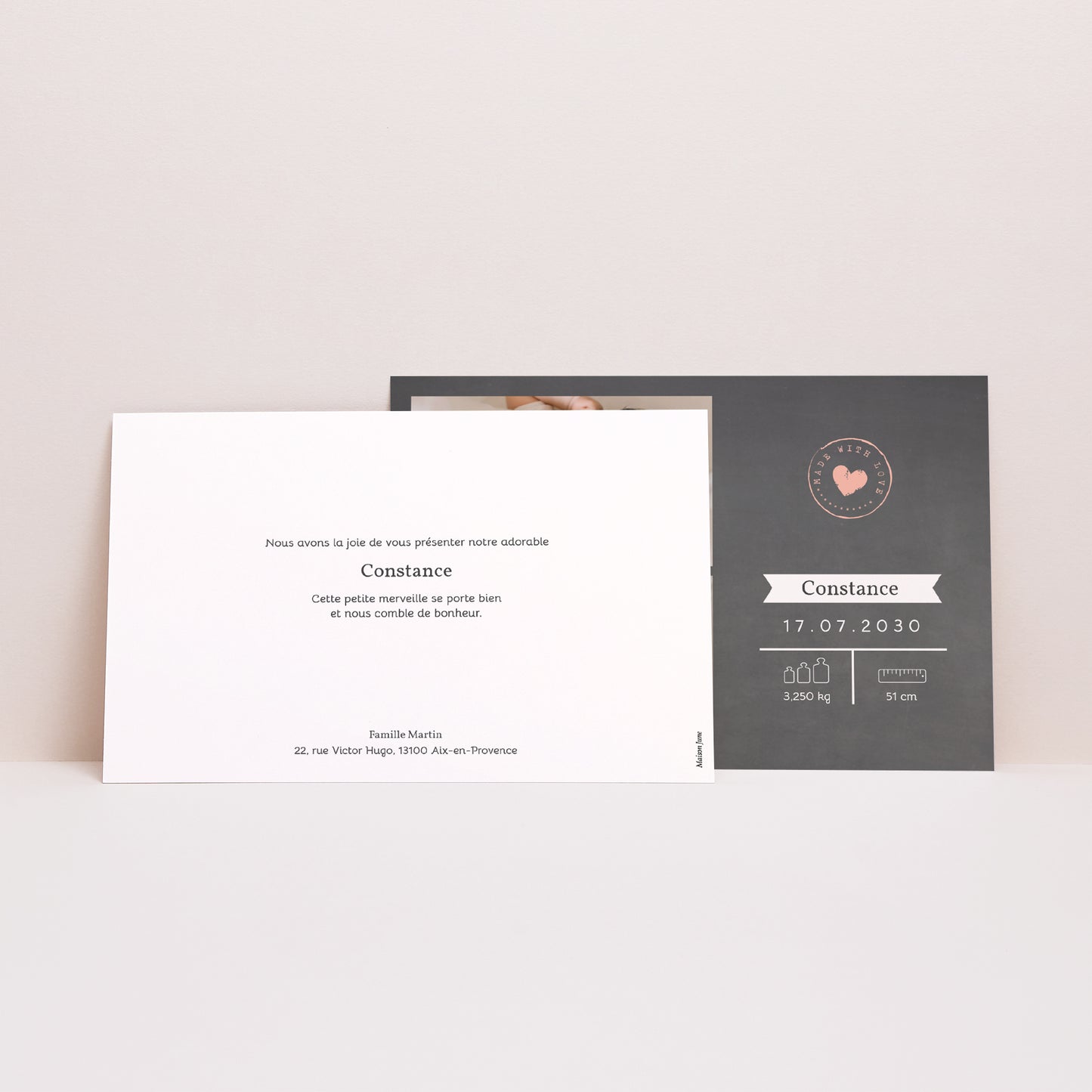 Faire-part Naissance Paysage Ardoise & Coeur Rose photo N° 2