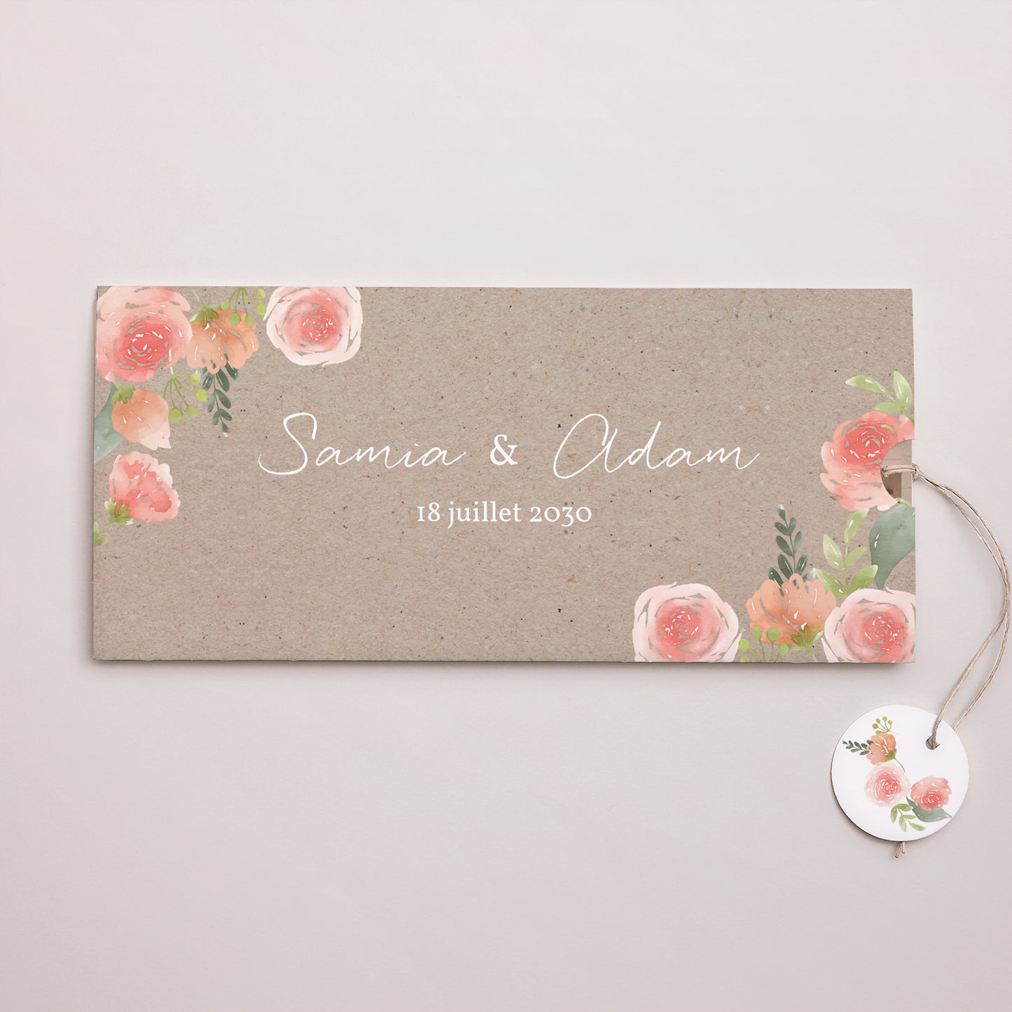 Faire-part Mariage Pochette 2 cartes, étiquette Champêtre Pêche photo N° 1